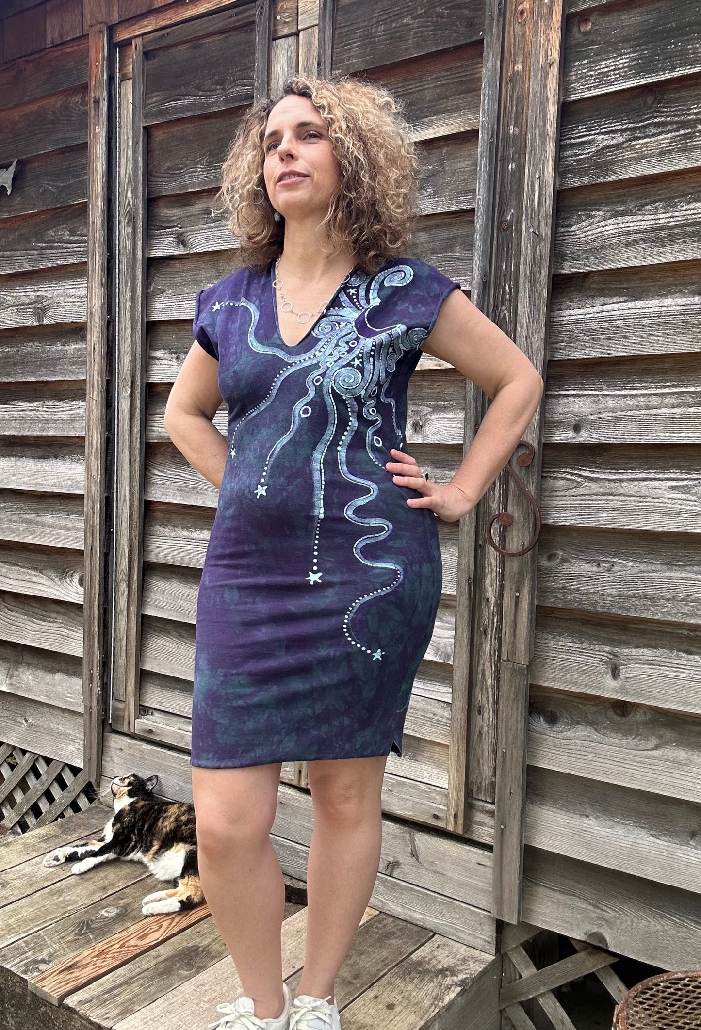 Teal Stars and Purple Moon Stretchy Hemp Tube Dress Batik Dresses Batikwalla