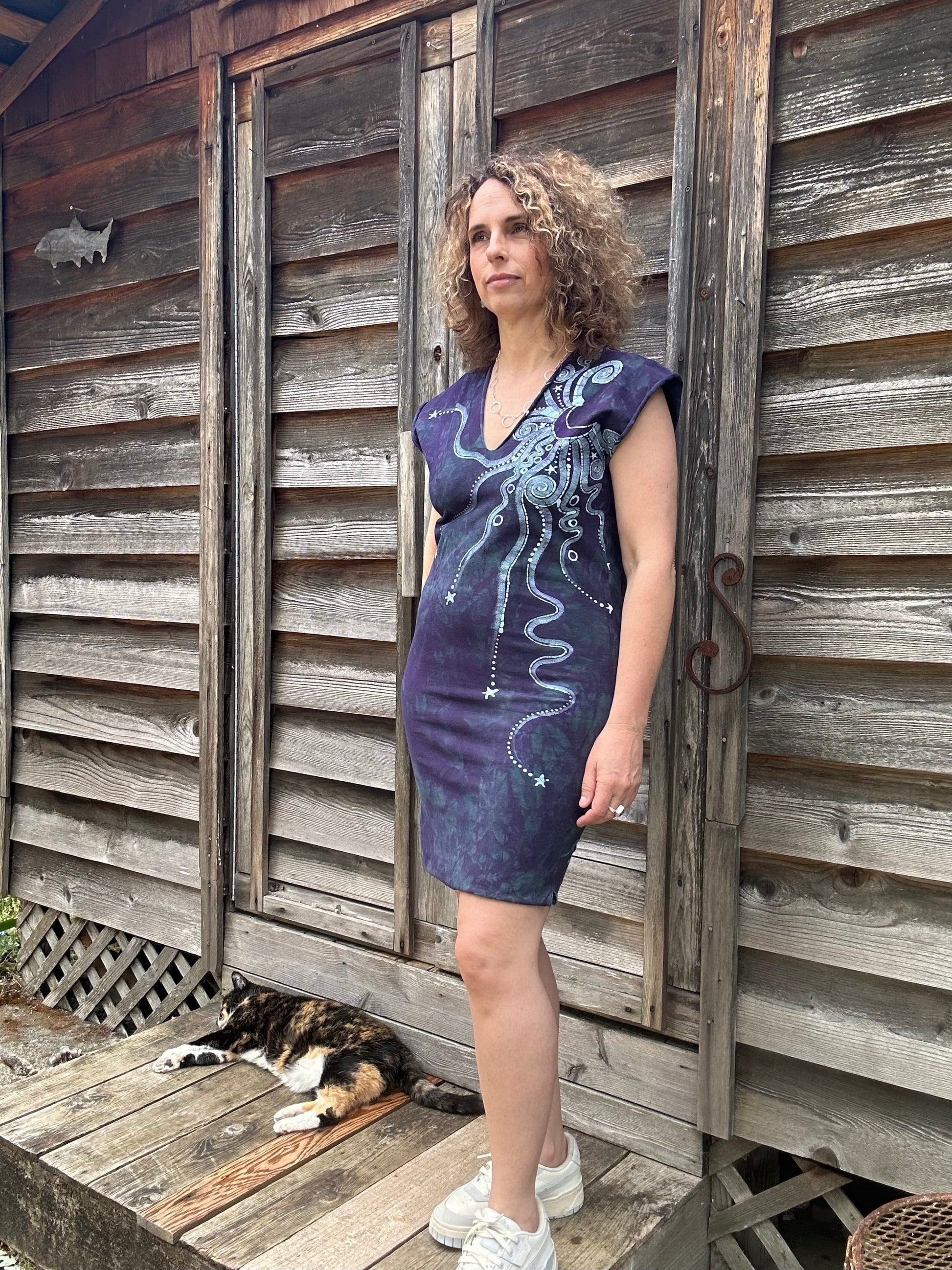Teal Stars and Purple Moon Stretchy Hemp Tube Dress Batik Dresses Batikwalla