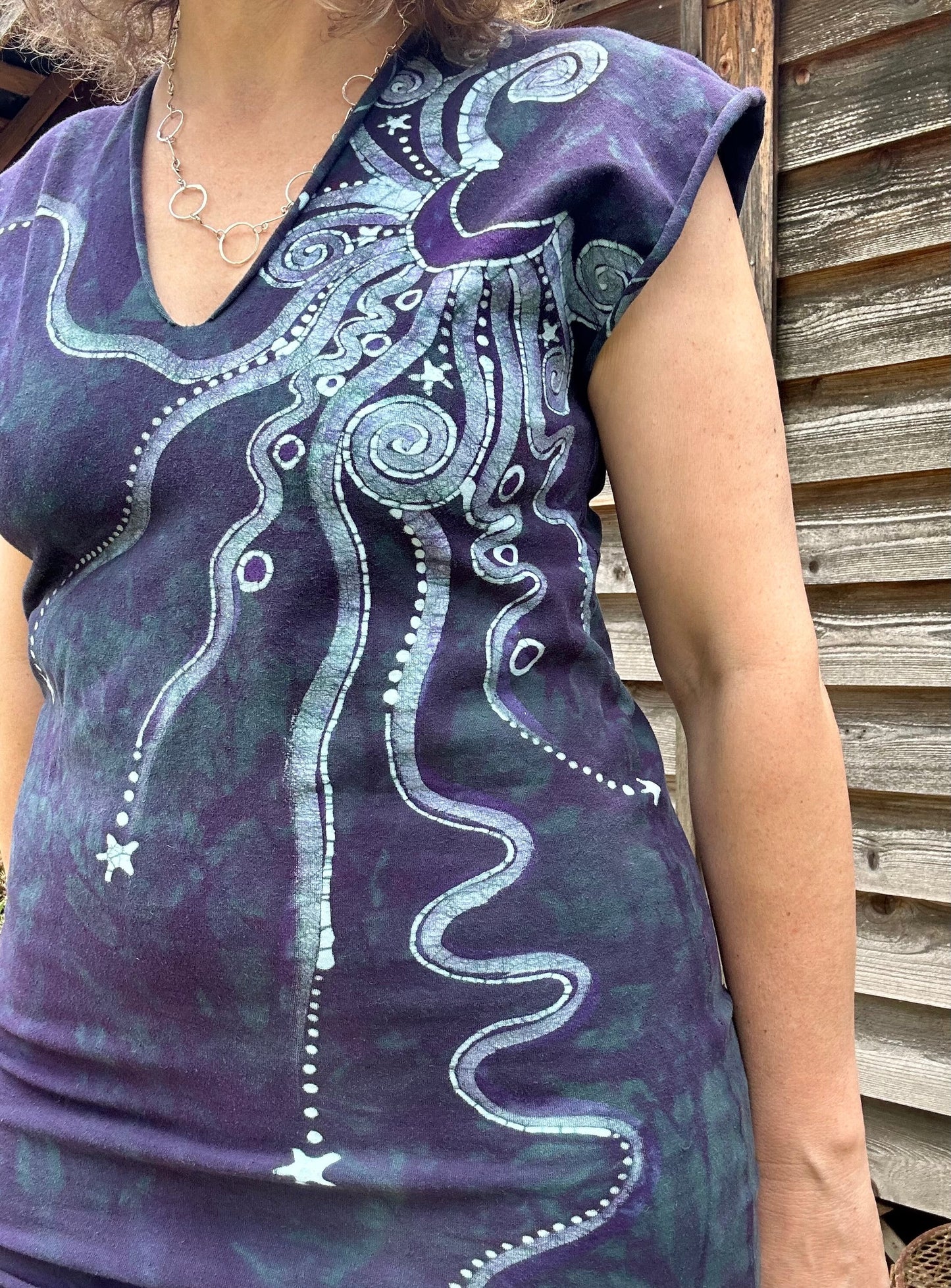 Teal Stars and Purple Moon Stretchy Hemp Tube Dress Batik Dresses Batikwalla