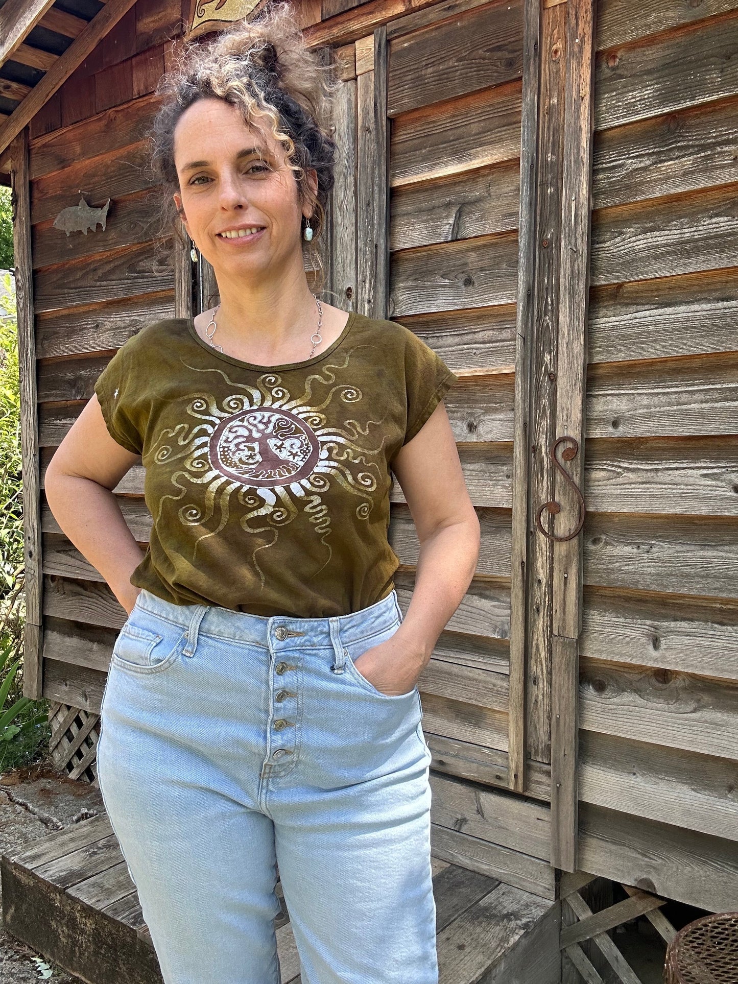 Tree of Life in Camo Green Handmade Batik Scoop Neck Top Tops batikwalla