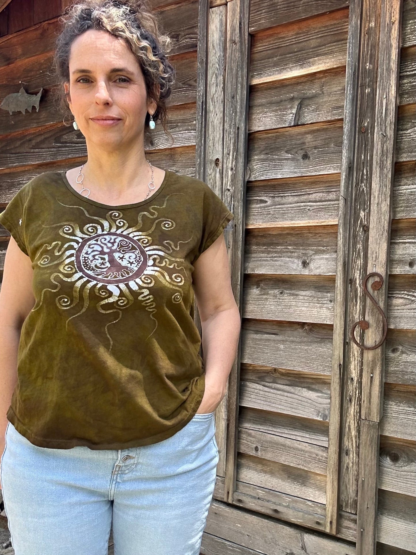Tree of Life in Camo Green Handmade Batik Scoop Neck Top Tops batikwalla Small
