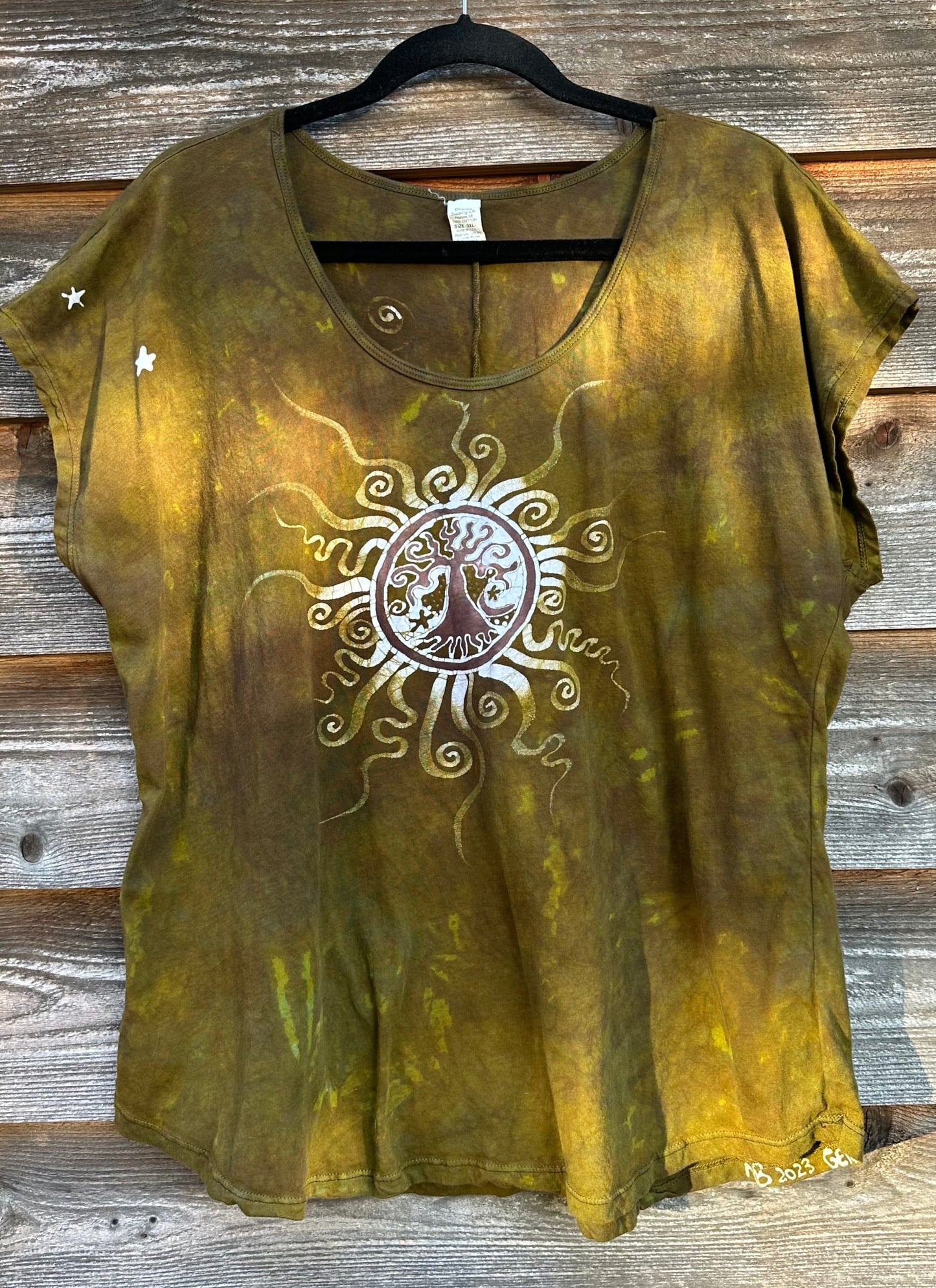 Tree of Life in Camo Green Handmade Batik Scoop Neck Top Tops batikwalla 2X