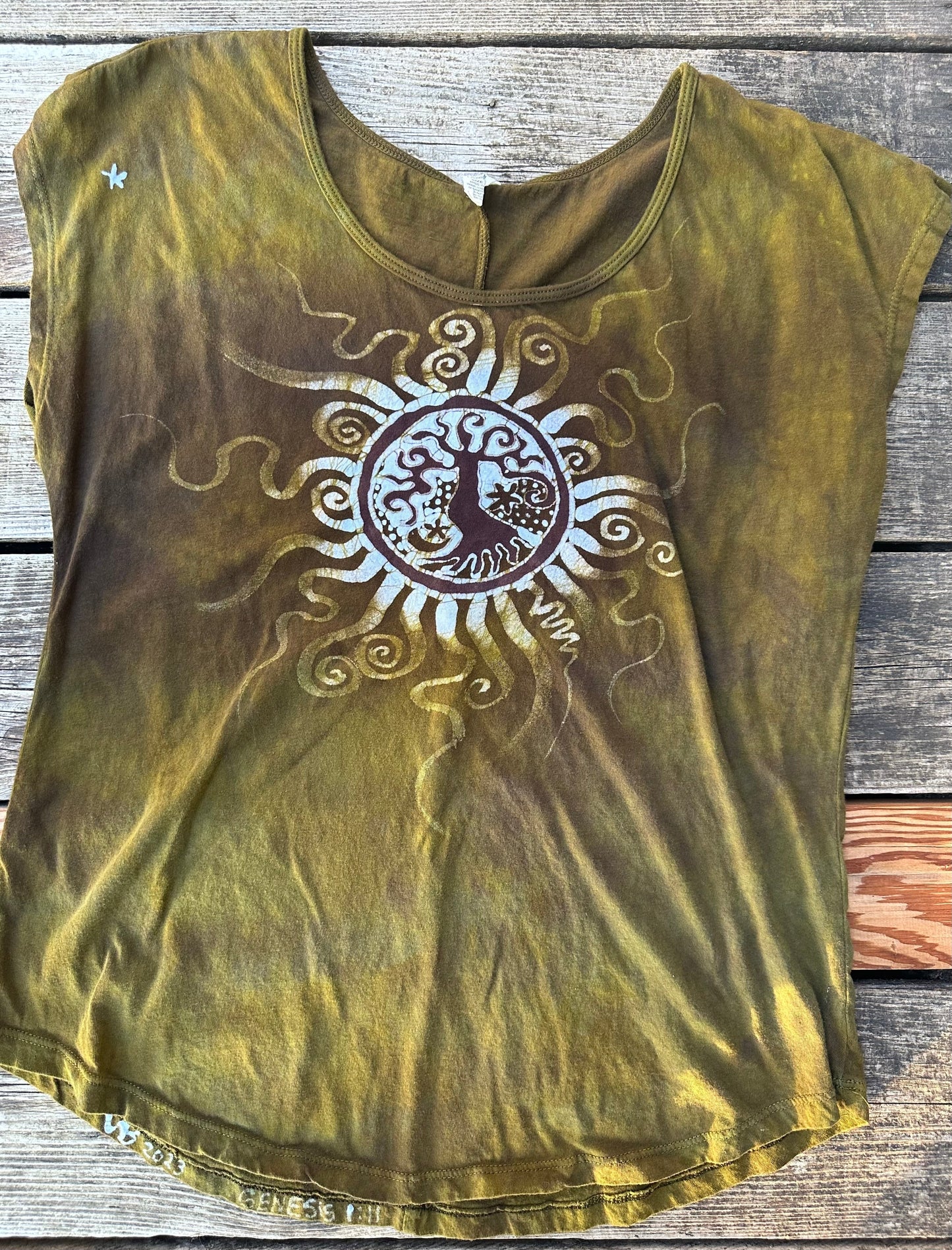 Tree of Life in Camo Green Handmade Batik Scoop Neck Top Tops batikwalla