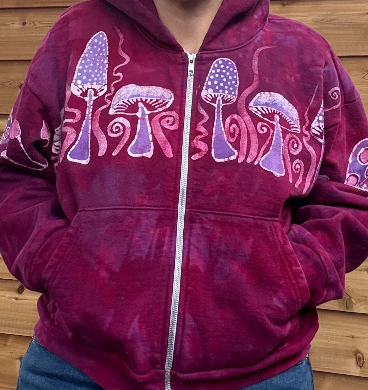 Berry Bright Mushroom Swirl Hoodie – Handcrafted Batik Zip-Up in Hot Pink & Purple Batikwalla by Victoria