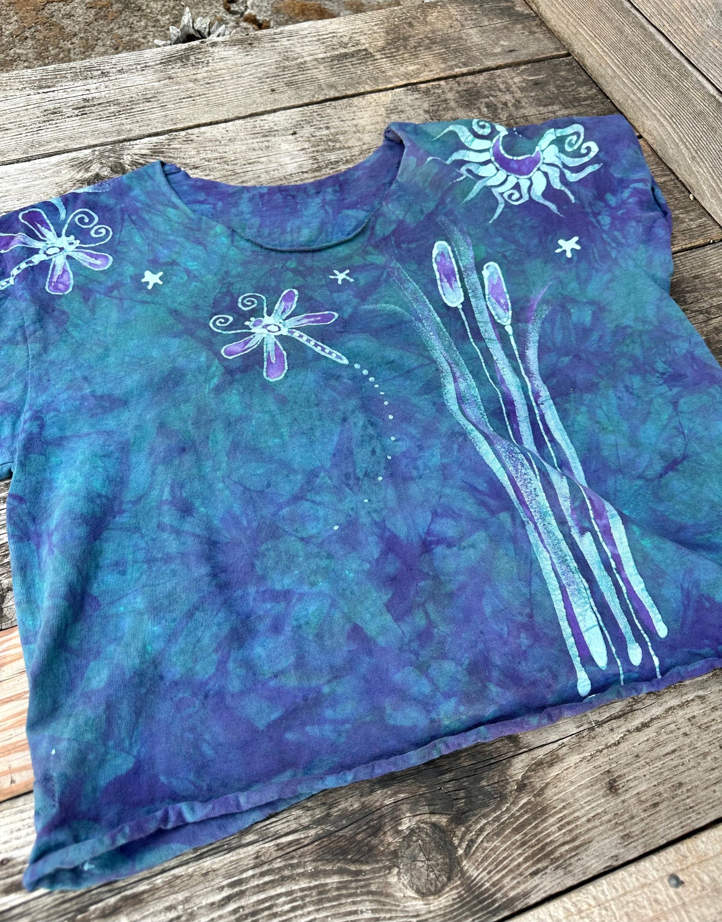 Dragonfly and Cattails Cotton Cut Cropped Tee Shirts & Tops Batikwalla by Victoria Medium
