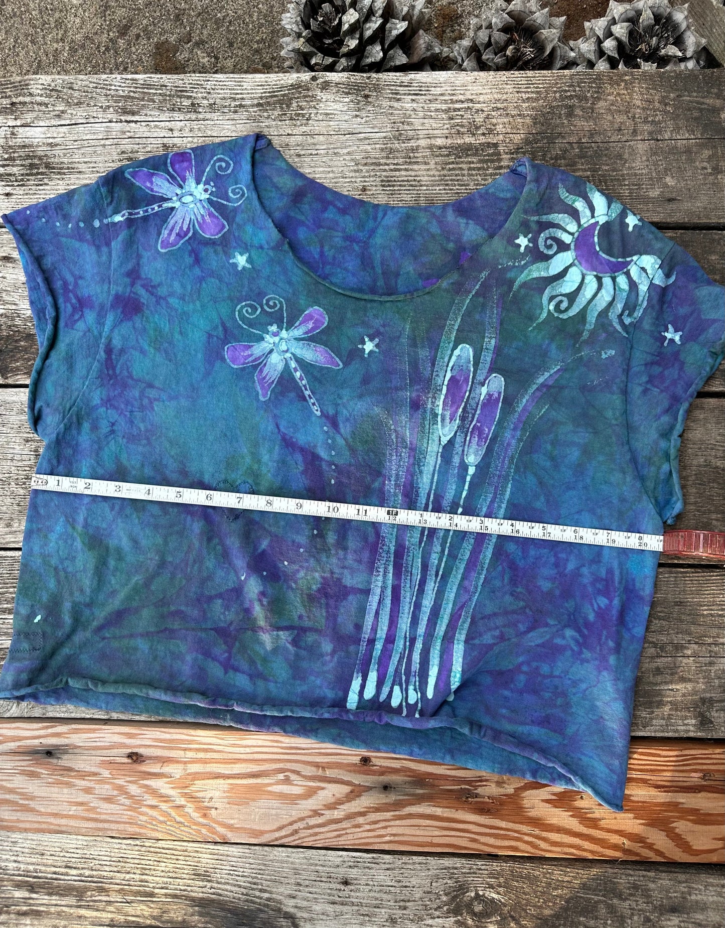Dragonfly in Teal and Purple Cotton Cropped Crew Tee - Size Medium Shirts & Tops Batikwalla by Victoria