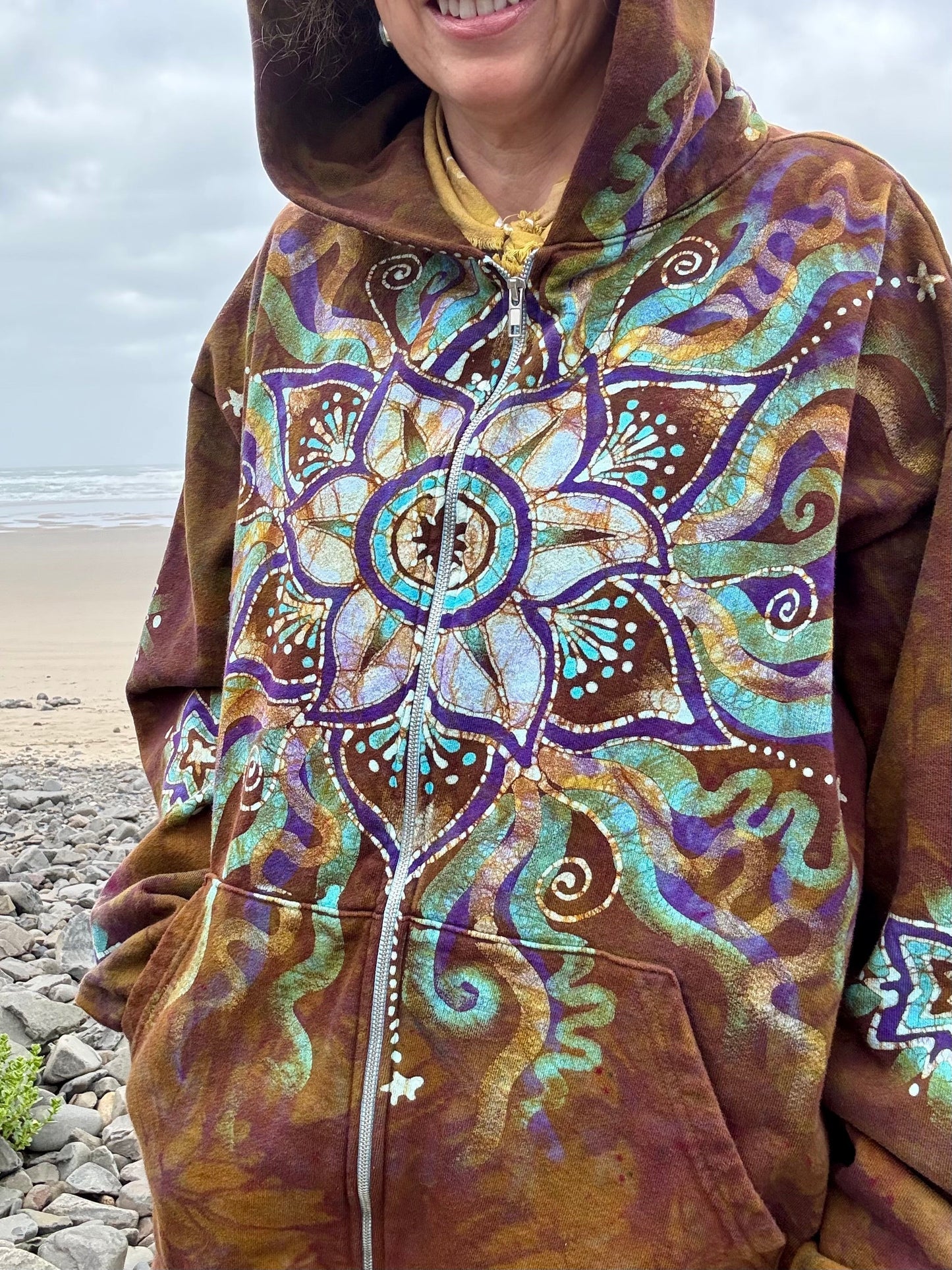 Amber Sky Lotus Flower Handmade Batik Zipper Hoodie - Unisex Size 2X hoodie batikwalla