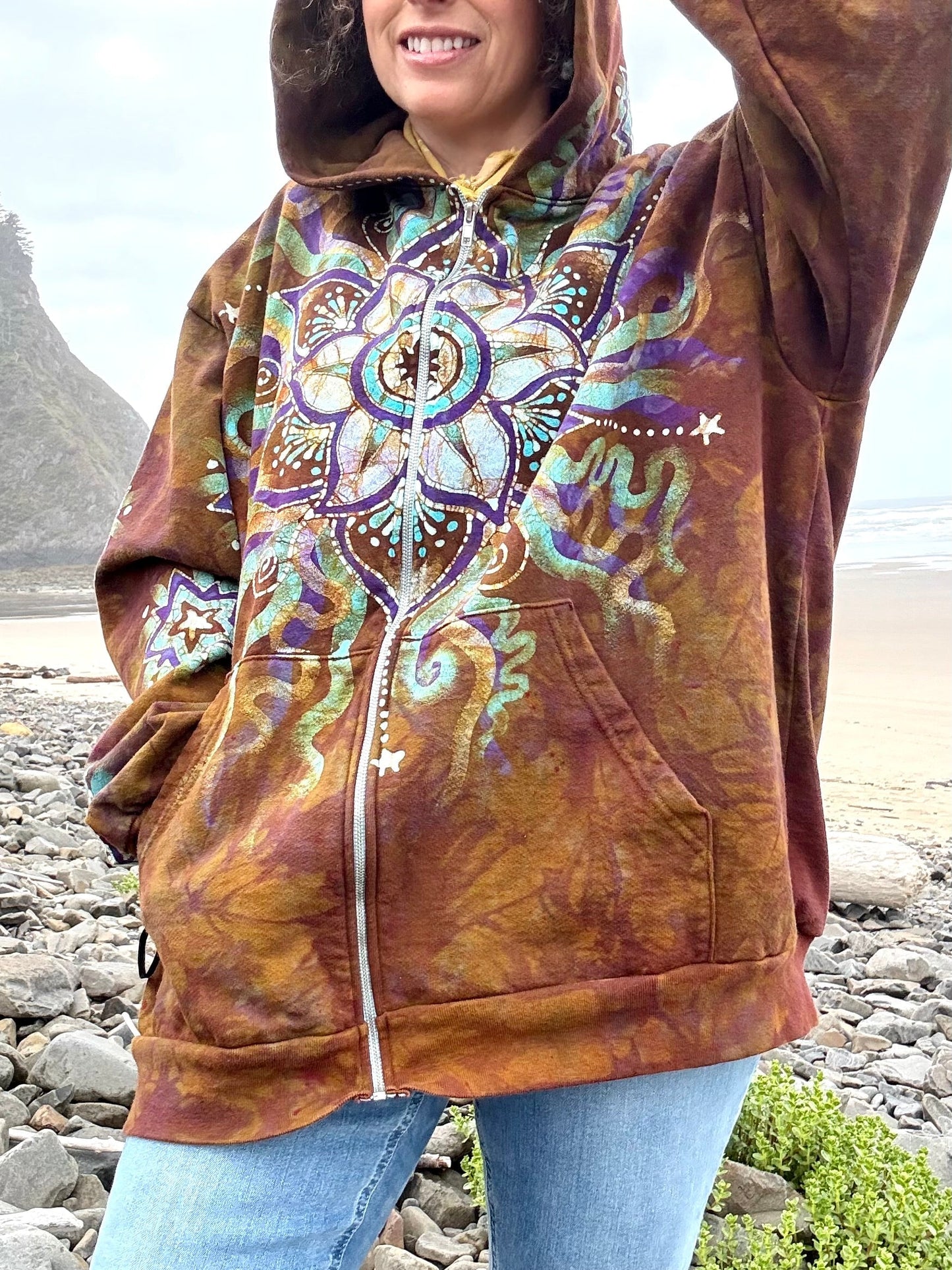 Amber Sky Lotus Flower Handmade Batik Zipper Hoodie - Unisex Size 2X hoodie batikwalla 2X