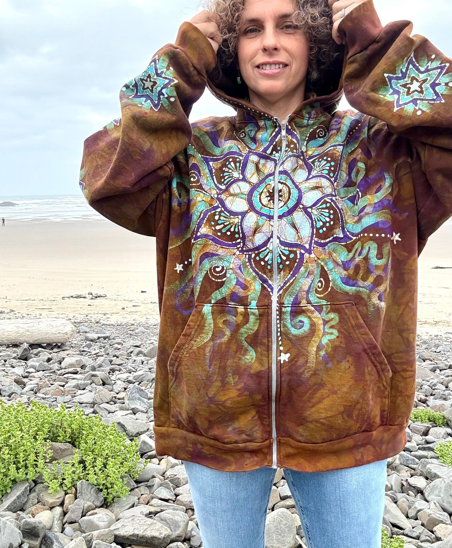 Amber Sky Lotus Flower Handmade Batik Zipper Hoodie - Unisex Size 2X hoodie batikwalla