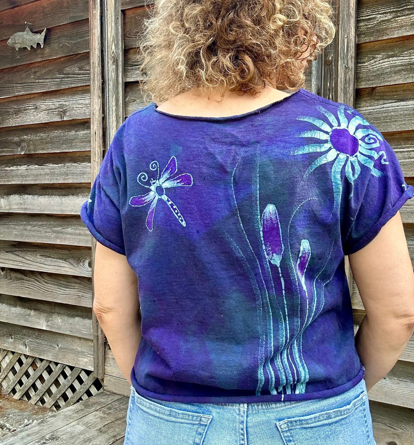 Dragonfly and Cattails Cotton Cut Cropped Tee Shirts & Tops Batikwalla by Victoria