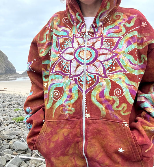 Amber Sky Lotus Flower Handmade Batik Zipper Hoodie - Unisex Size XL hoodie batikwalla