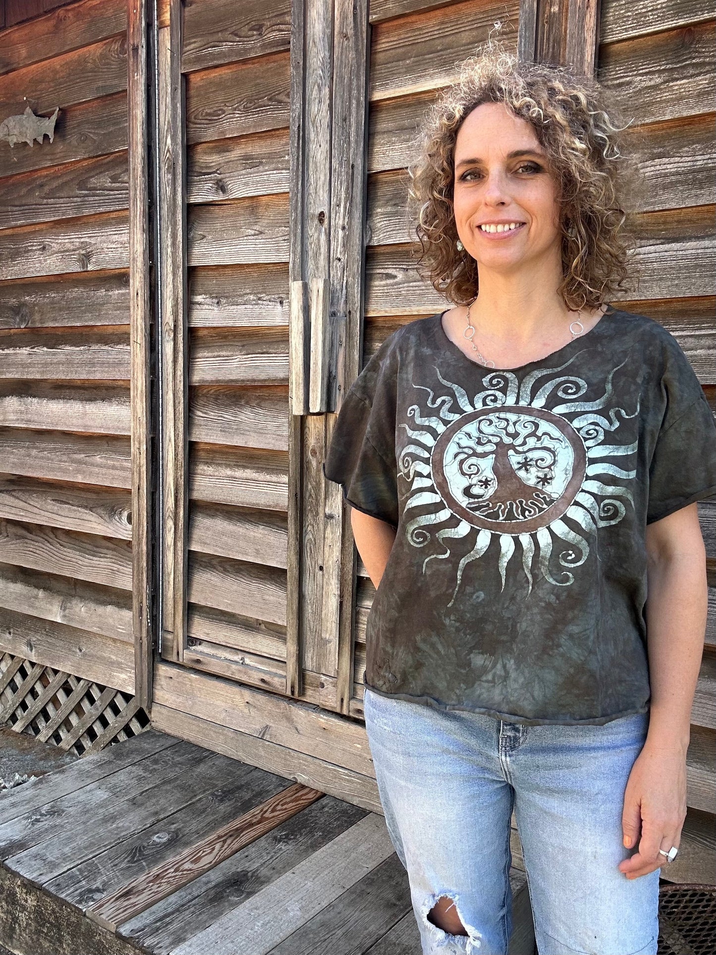 Cedar Forest Tree O Life Cotton Cropped Batik Tee Shirts & Tops Batikwalla by Victoria Large