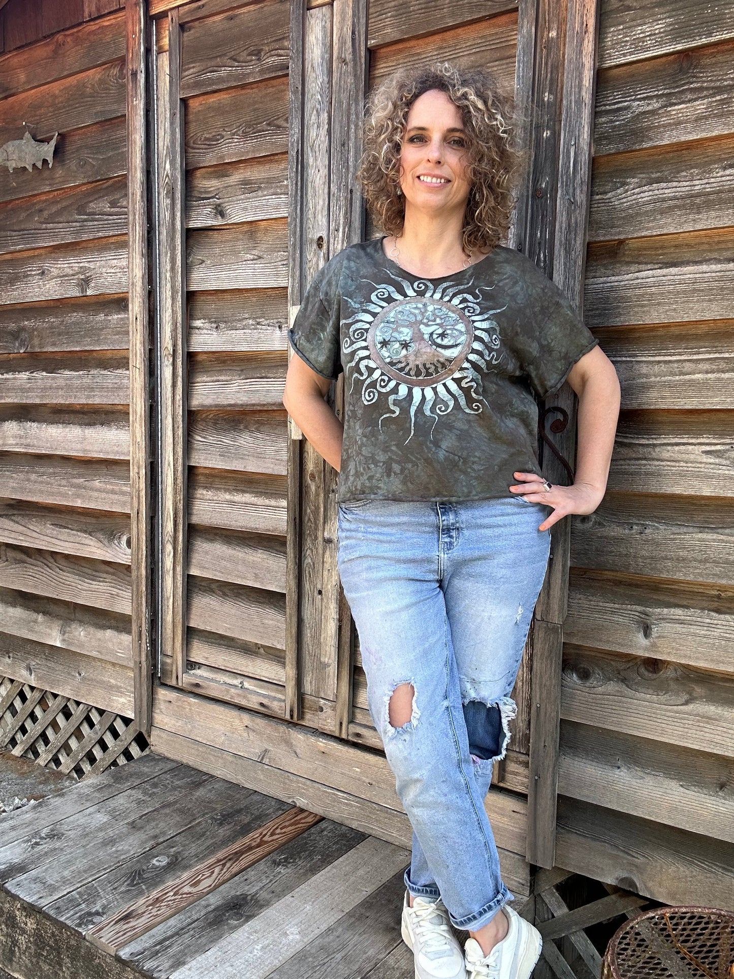Cedar Forest Tree O Life Cotton Cropped Batik Tee Shirts & Tops Batikwalla by Victoria Medium