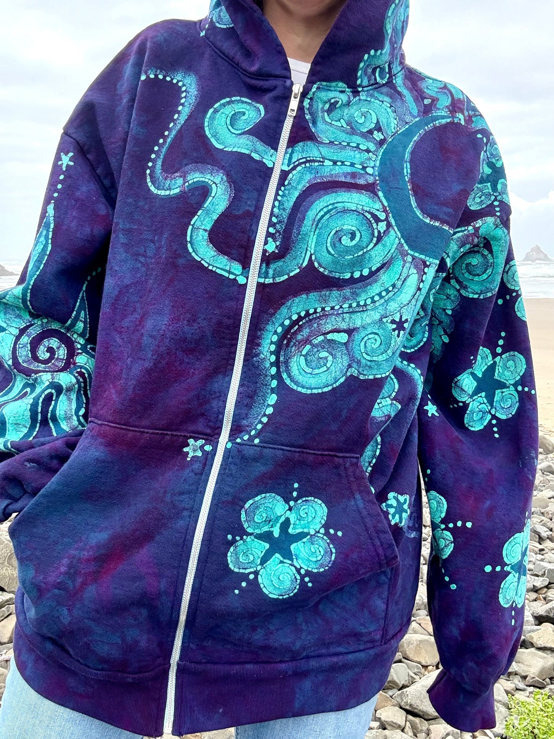 Deep Purple Tree of Life Handcrafted Batik Zipper Hoodie - Unisex Size hoodie batikwalla
