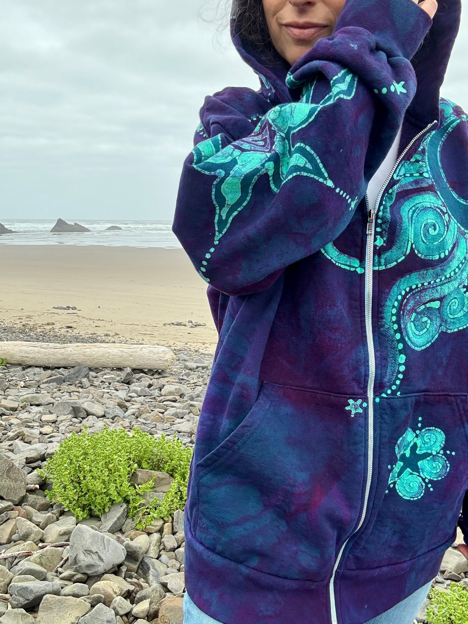 Deep Purple Tree of Life Handcrafted Batik Zipper Hoodie - Unisex size LARGE or 2X hoodie batikwalla