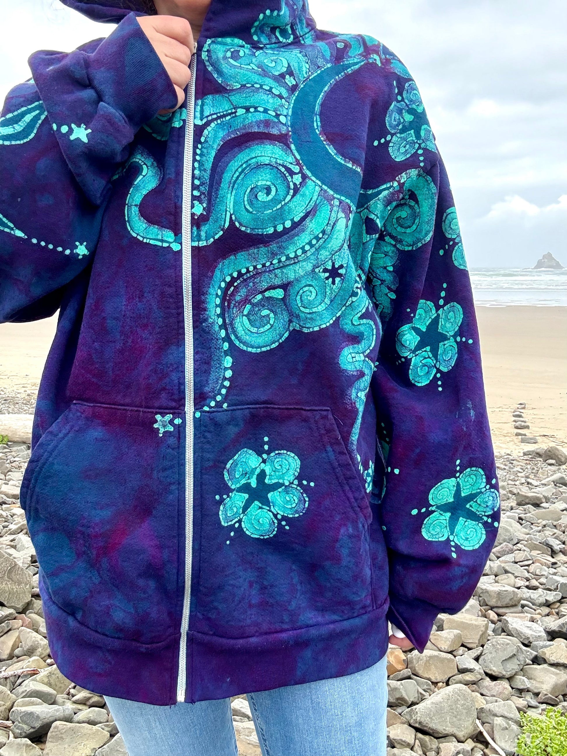 Deep Purple Tree of Life Handcrafted Batik Zipper Hoodie - Unisex Size hoodie batikwalla