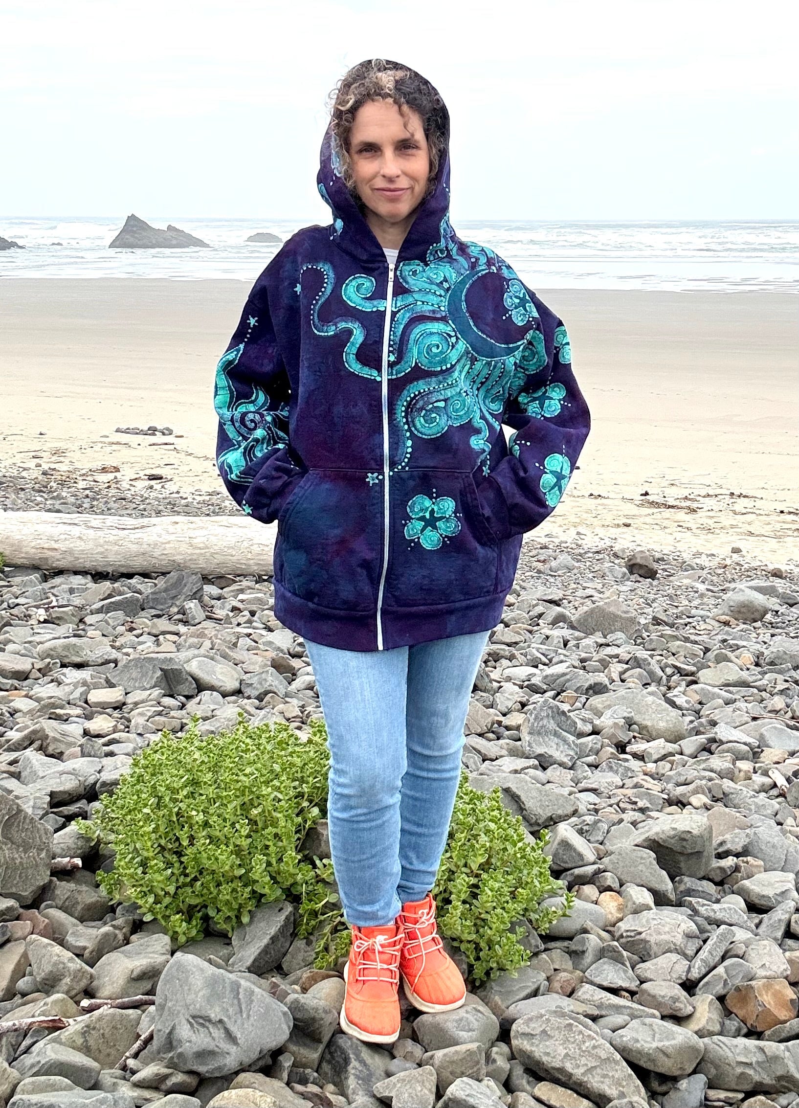 Deep Purple Tree of Life Handcrafted Batik Zipper Hoodie - Unisex size LARGE or 2X hoodie batikwalla