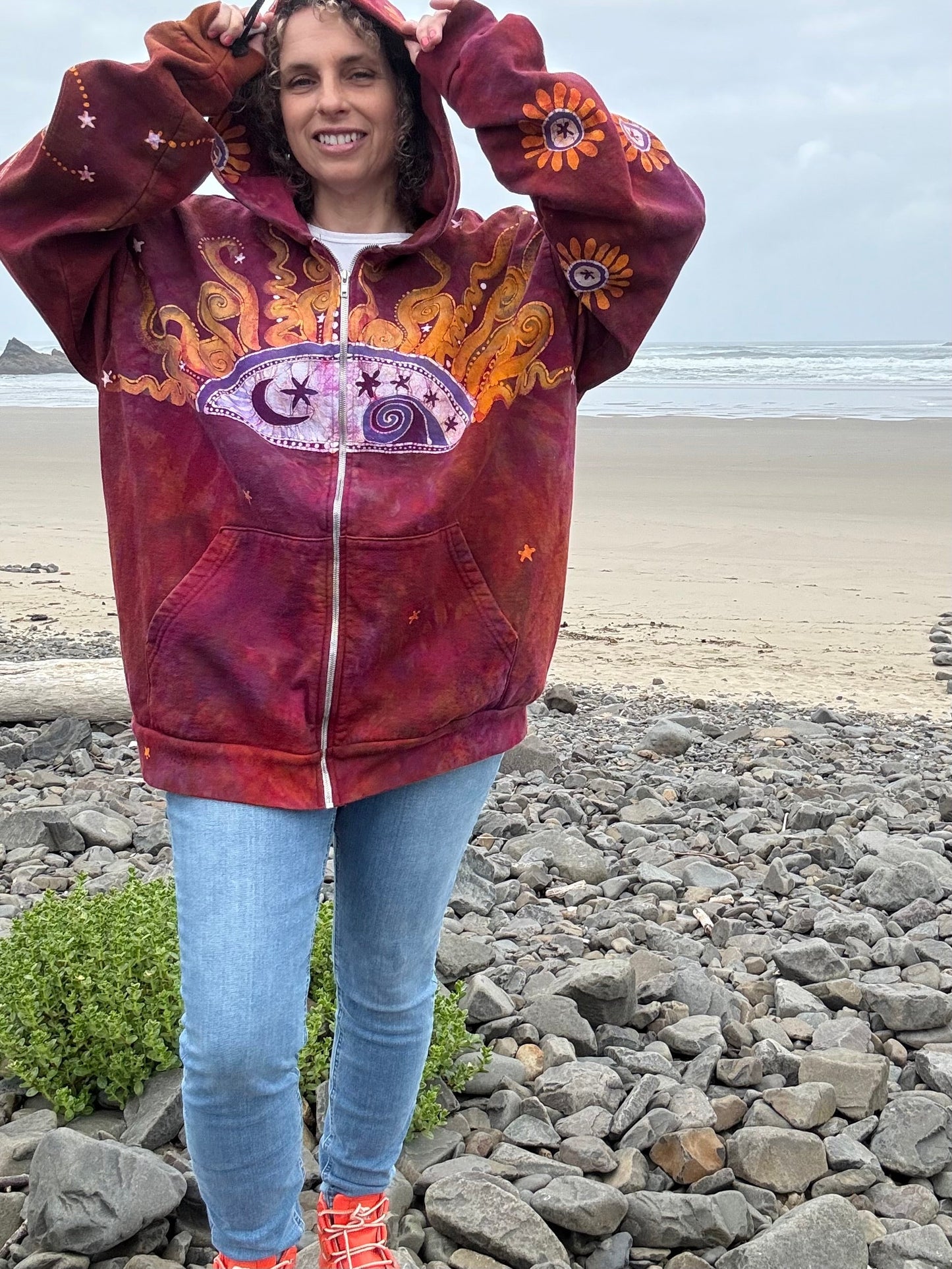 Red Cinnamon Sunset Handcrafted Batik Zipper Hoodie - Unisex size 2X hoodie batikwalla