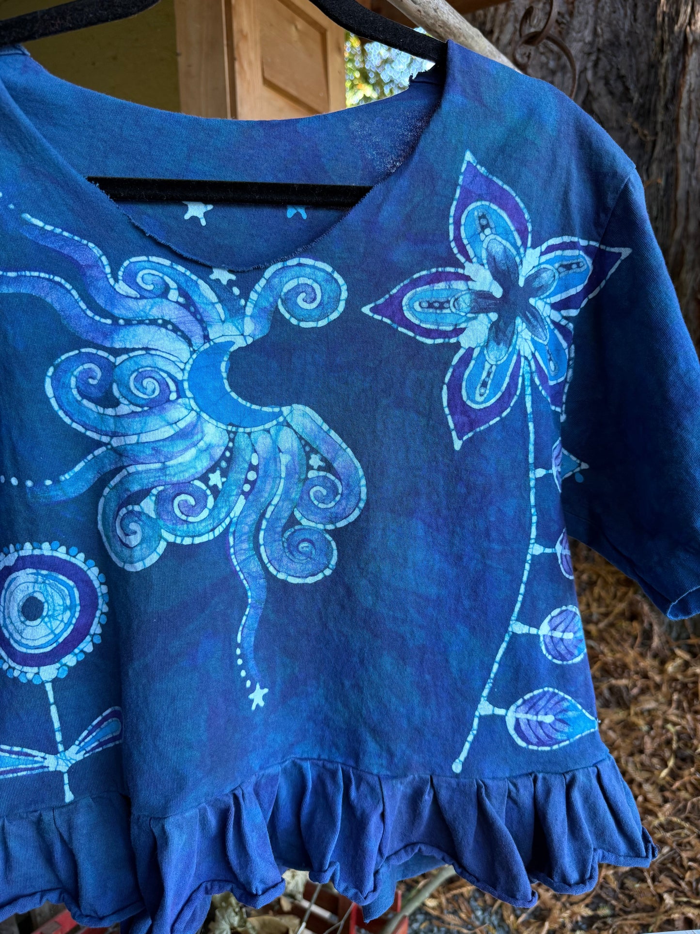 Flower Power Moon and Star Batik Shirt – Handmade Peplum Top - Size Small