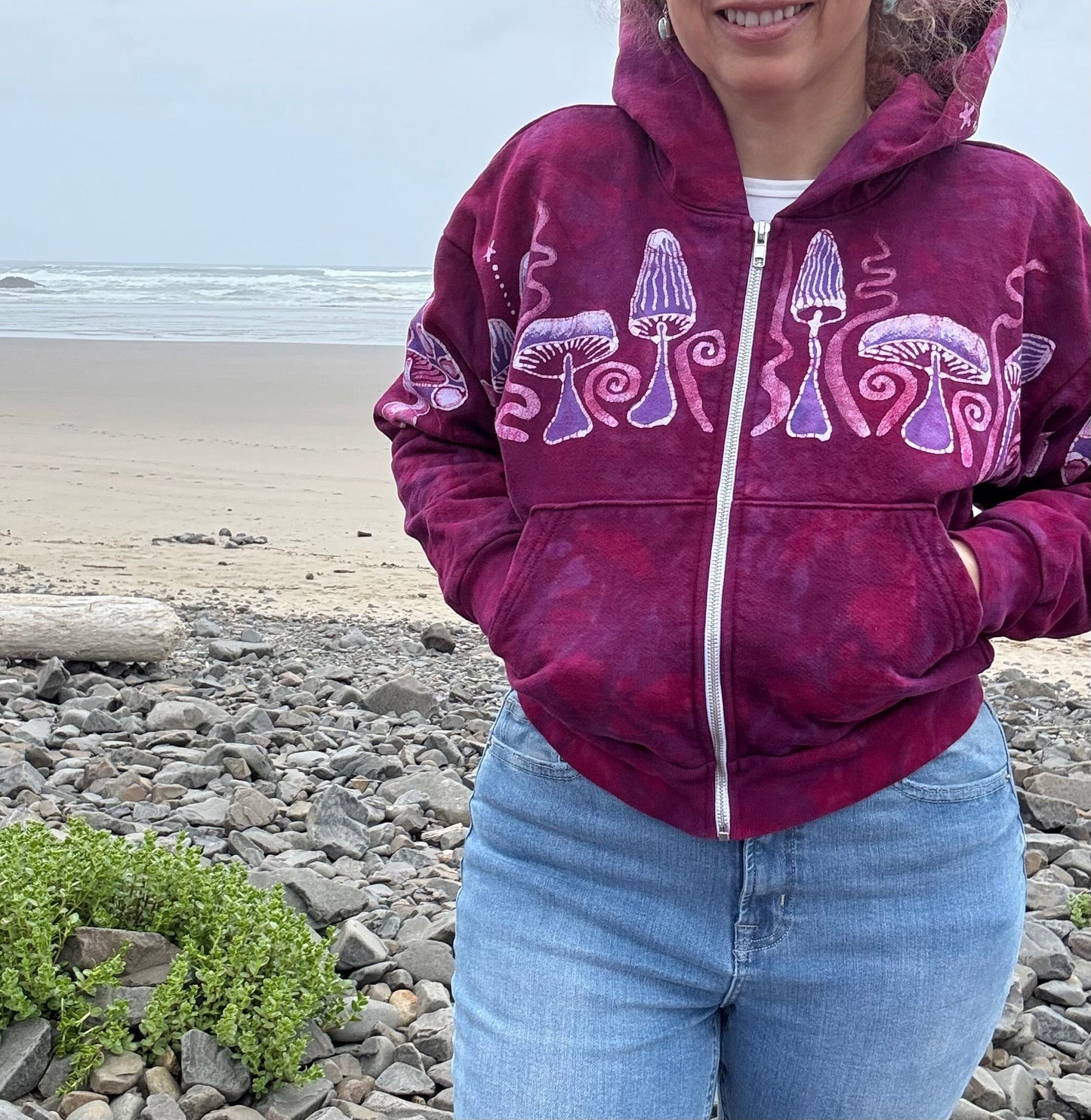 Berry Bright Mushroom Swirl Hoodie – Handcrafted Batik Zip-Up in Hot Pink & Purple Batikwalla by Victoria S/M