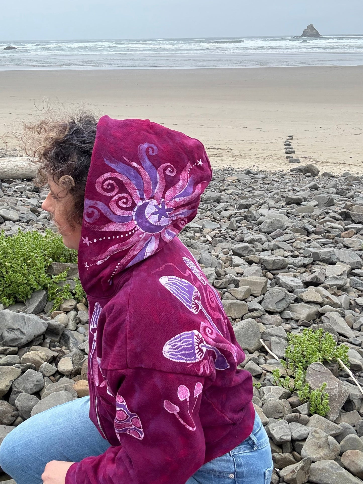 Berry Bright Mushroom Swirl Hoodie – Handcrafted Batik Zip-Up in Hot Pink & Purple Batikwalla by Victoria