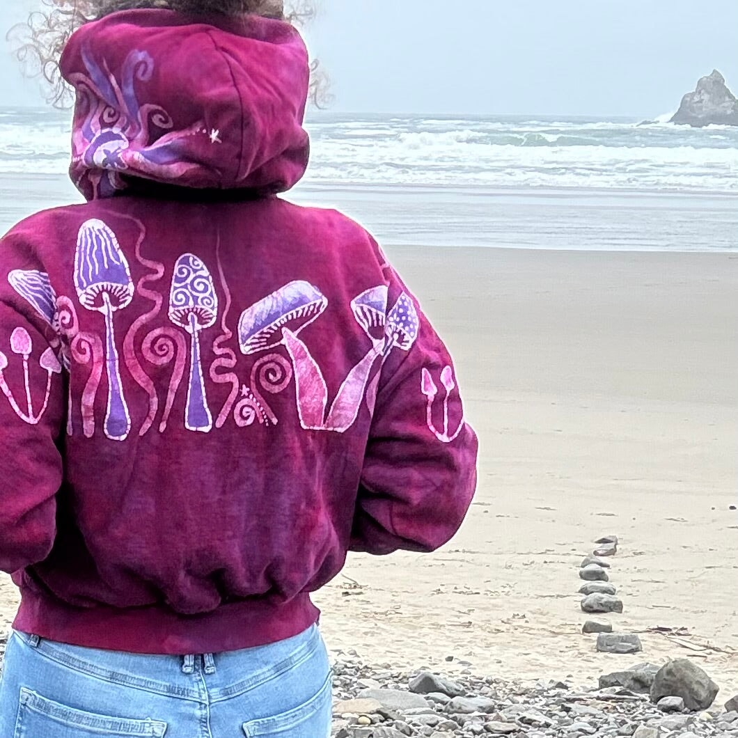 Berry Bright Mushroom Swirl Hoodie – Handcrafted Batik Zip-Up in Hot Pink & Purple Batikwalla by Victoria
