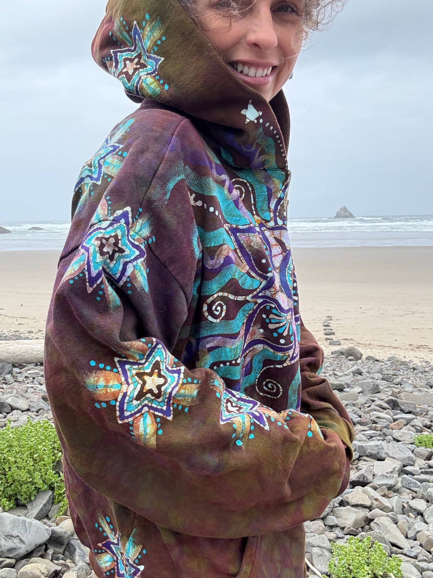 Dark Amber Sky Lotus Flower Handmade Batik Zipper Hoodie - Unisex Size 2X hoodie batikwalla