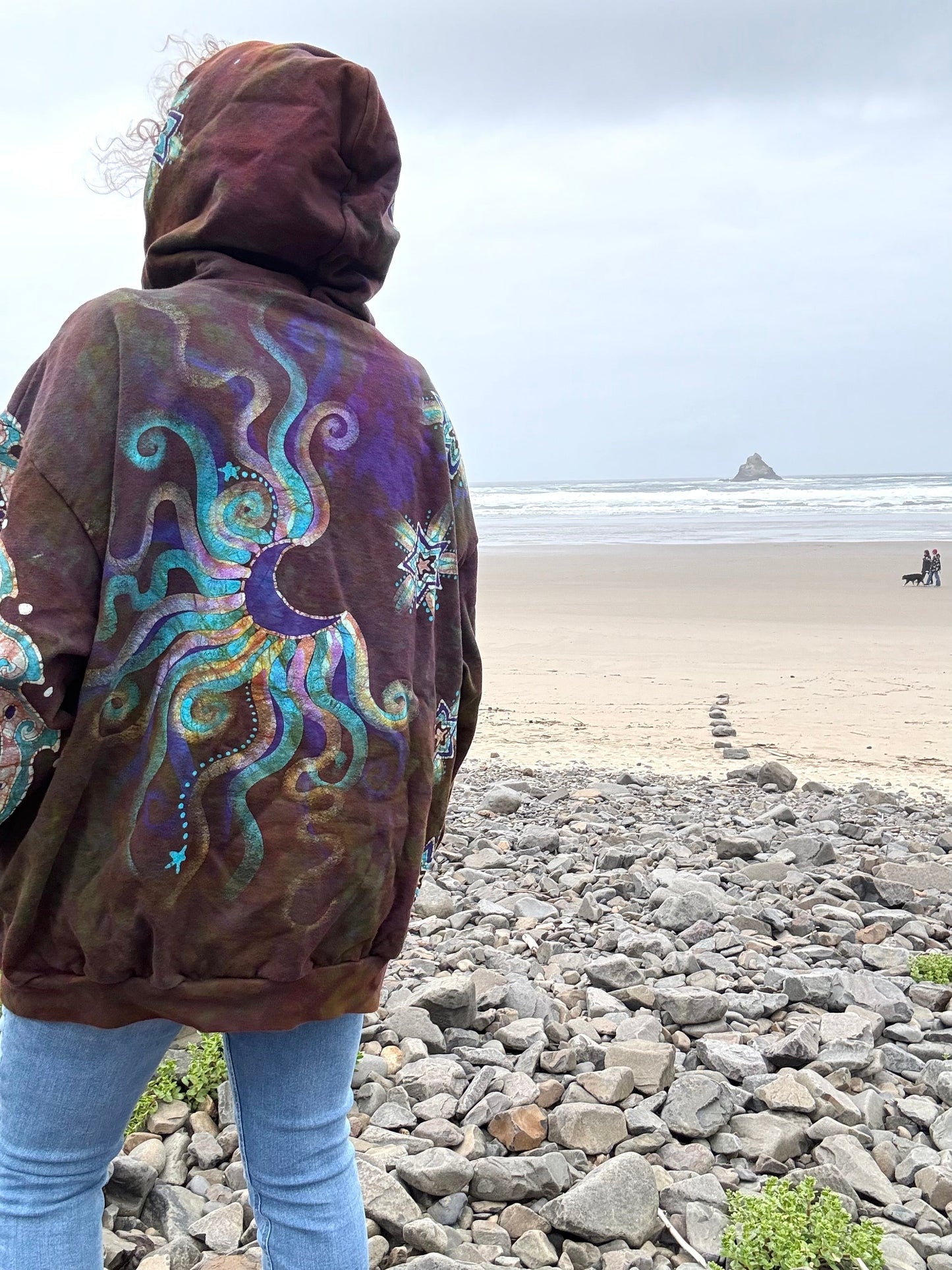 Dark Amber Sky Lotus Flower Handmade Batik Zipper Hoodie - Unisex Size 2X hoodie batikwalla