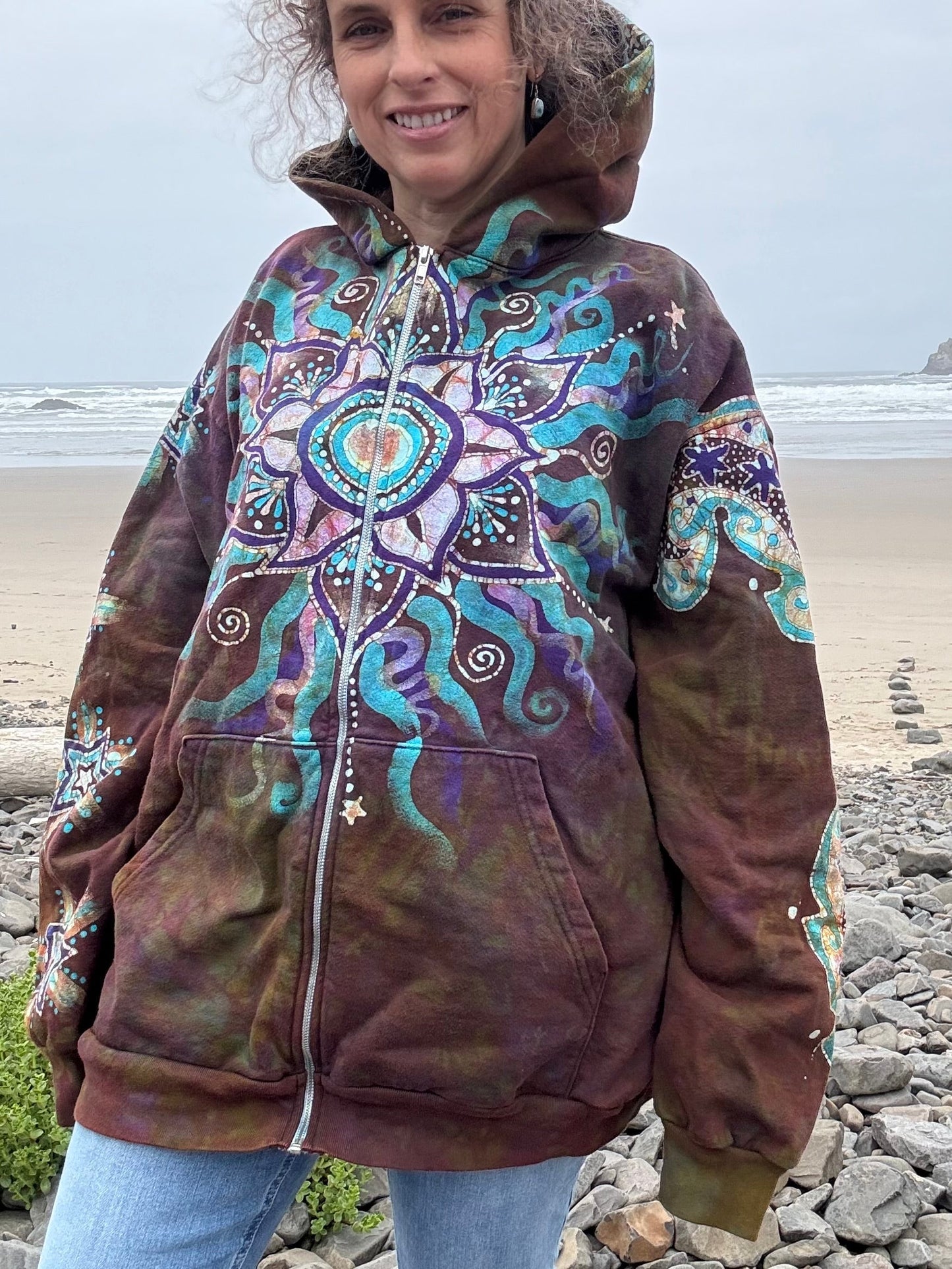 Dark Amber Sky Lotus Flower Handmade Batik Zipper Hoodie - Unisex Size 2X hoodie batikwalla 2X