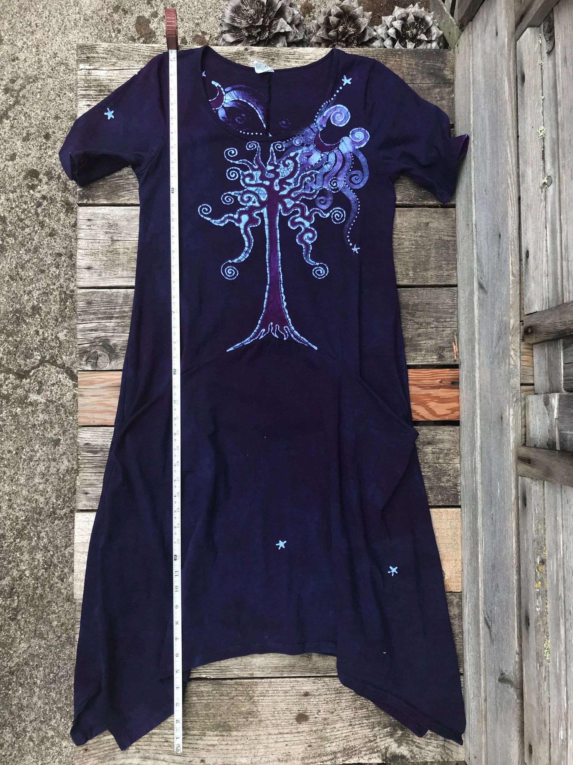 Dark Blue Long Tree Short Sleeve Batik Dress With Pockets Batik Dresses Batikwalla