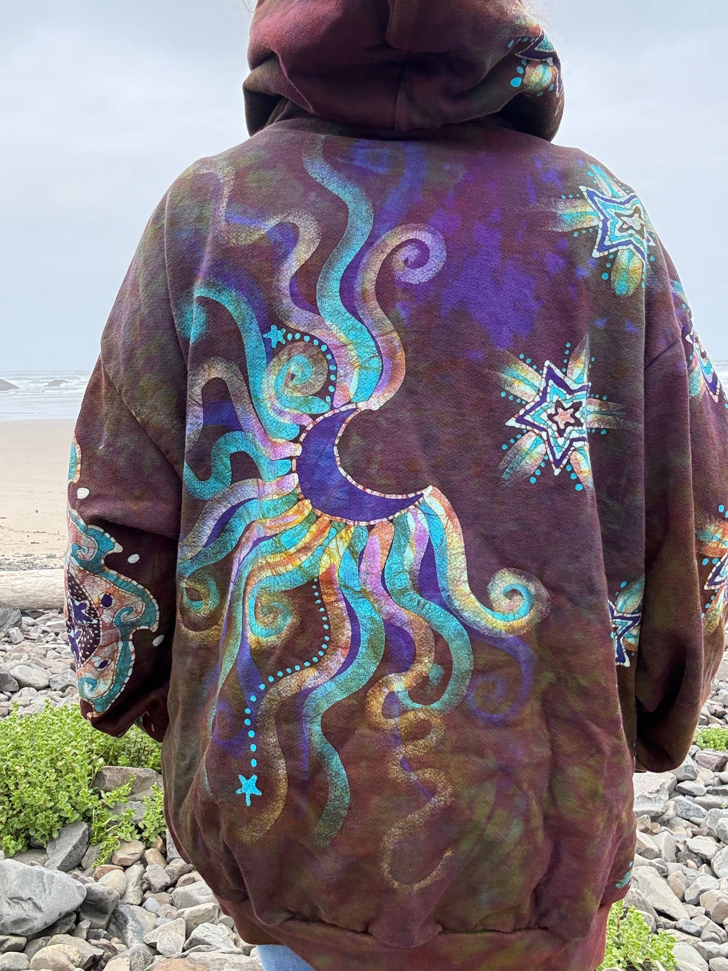 Dark Amber Sky Lotus Flower Handmade Batik Zipper Hoodie - Unisex Size 2X hoodie batikwalla