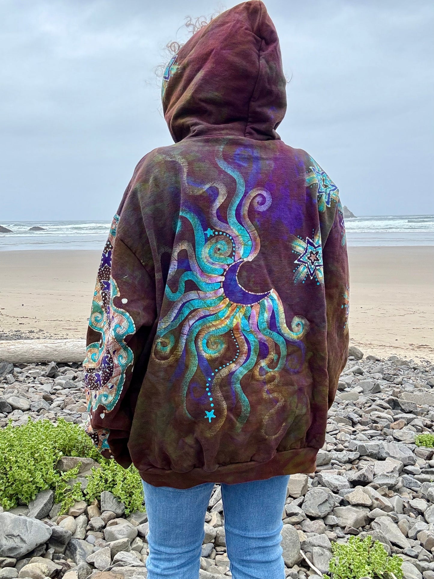 Dark Amber Sky Lotus Flower Handmade Batik Zipper Hoodie - Unisex Size 2X hoodie batikwalla