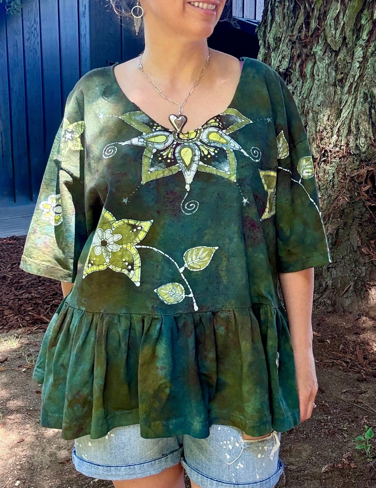 Forest Garden Batik Top – Handmade Green Peplum with Golden Florals Batikwalla by Victoria
