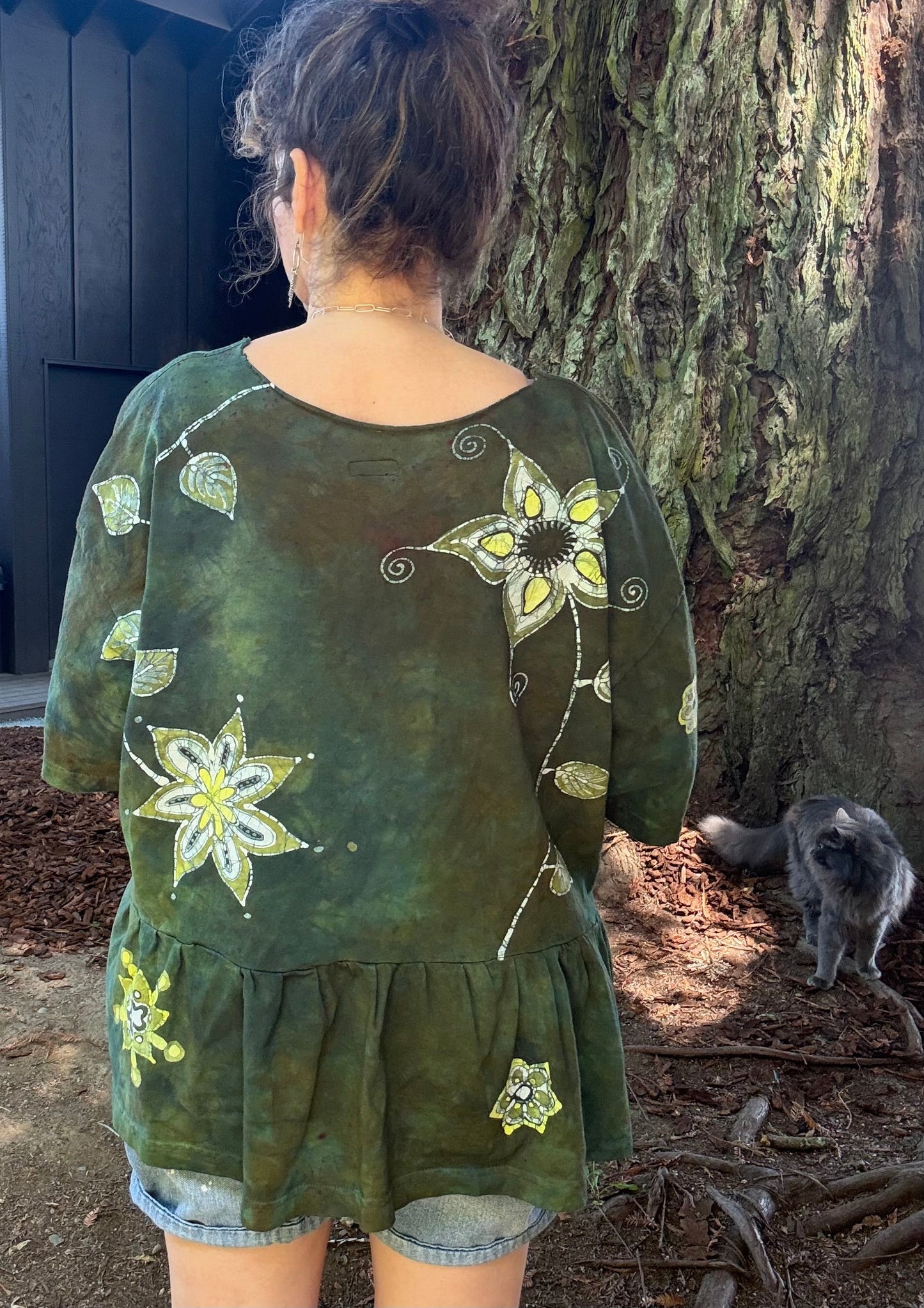 Forest Garden Batik Top – Handmade Green Peplum with Golden Florals Batikwalla by Victoria