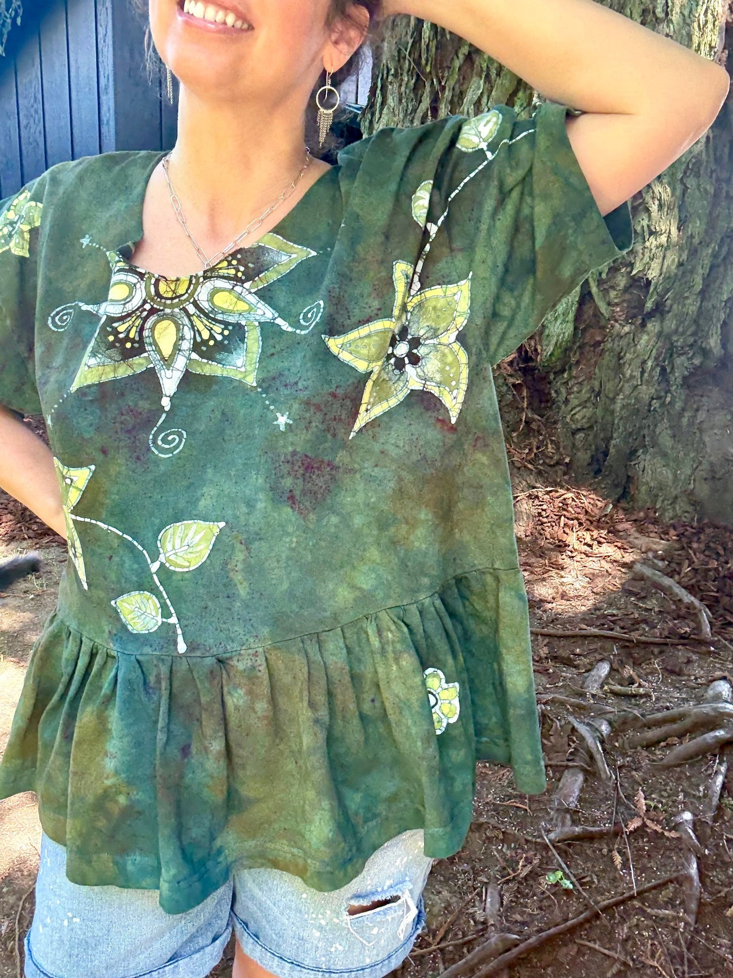 Forest Garden Batik Top – Handmade Green Peplum with Golden Florals Batikwalla by Victoria