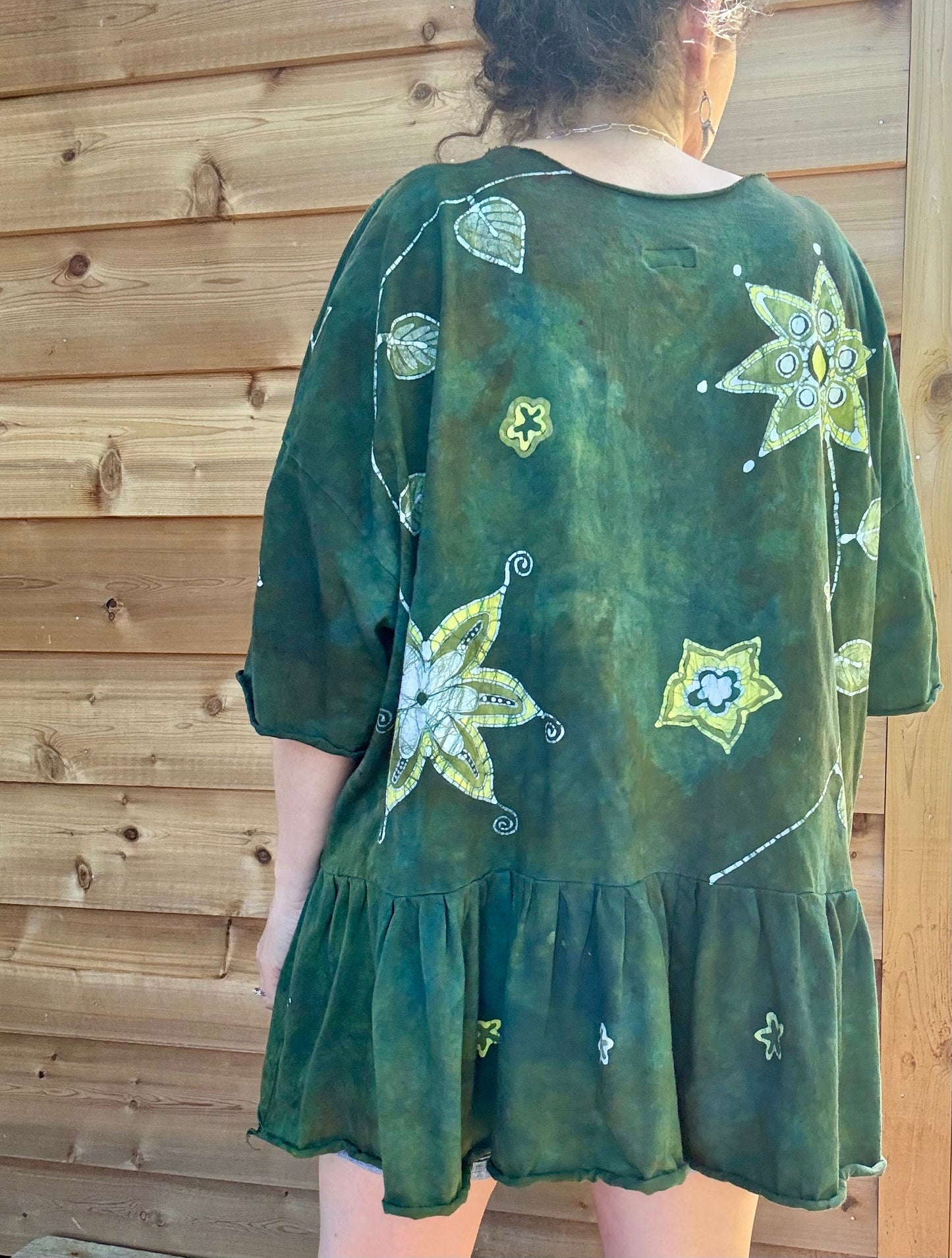 Forest Garden Batik Top – Handmade Green Peplum with Golden Florals Batikwalla by Victoria