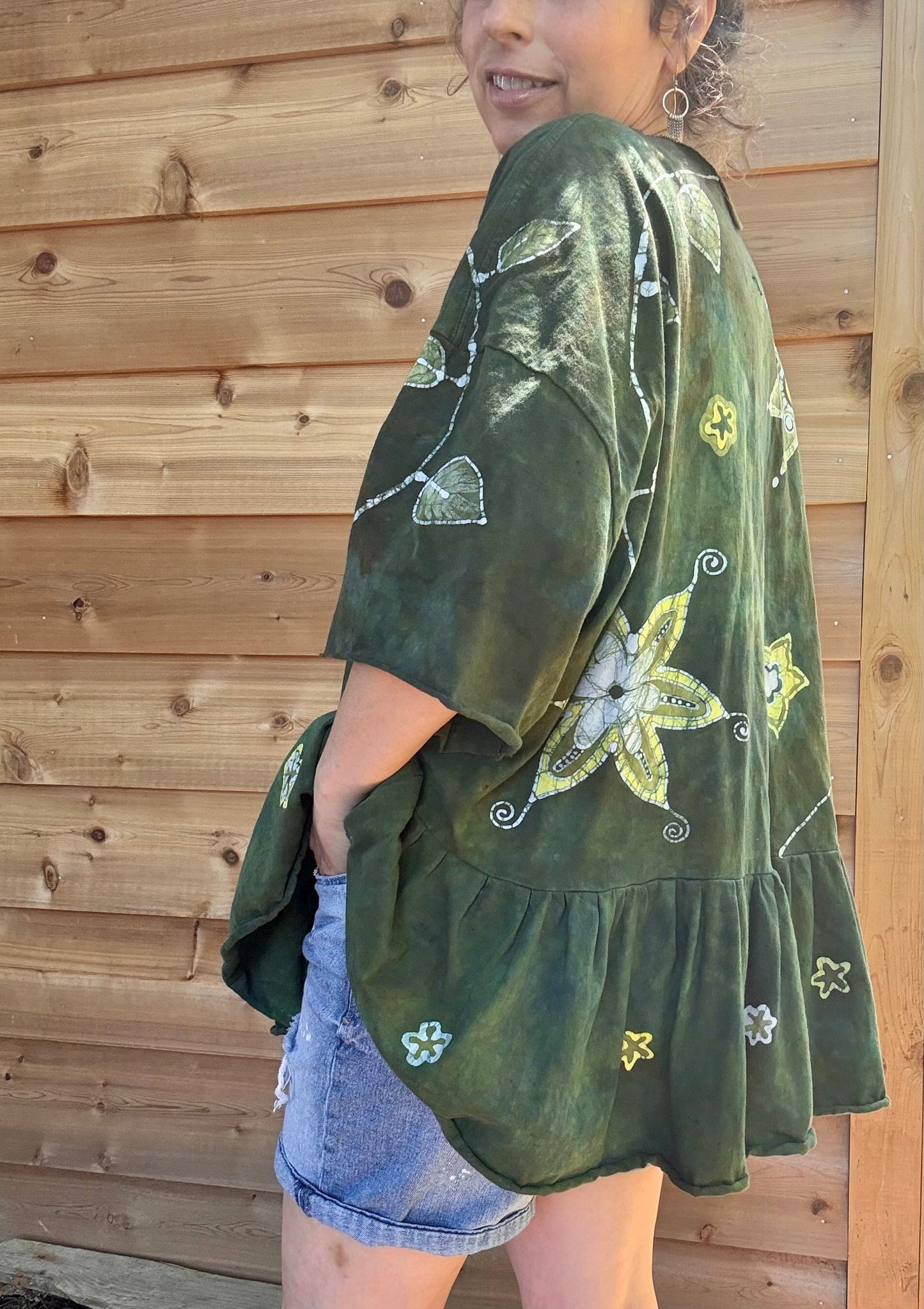 Forest Garden Batik Top – Handmade Green Peplum with Golden Florals Batikwalla by Victoria
