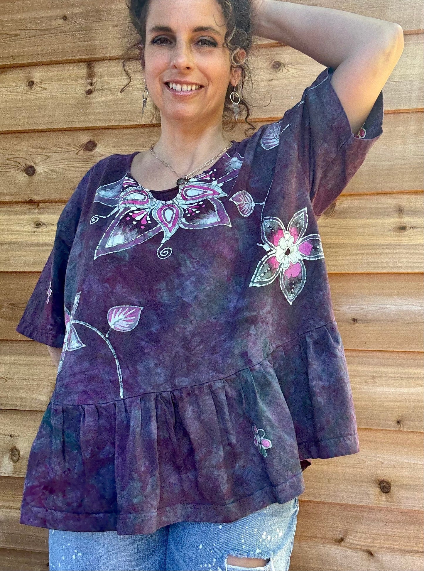 Mystic Bloom Batik Top – Purple & Pink Floral Hand-Painted Peplum Blouse Batikwalla by Victoria