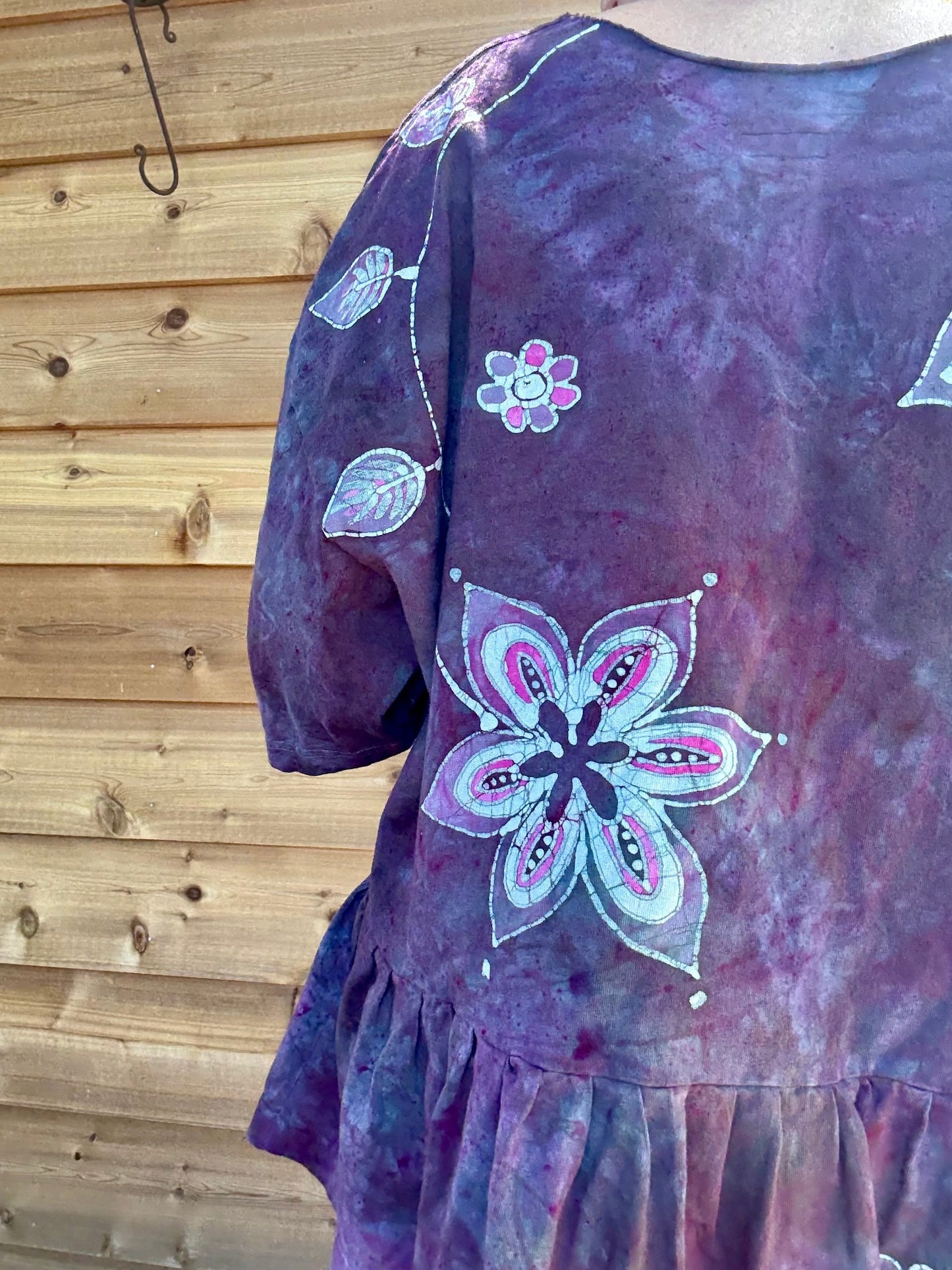 Mystic Bloom Batik Top – Purple & Pink Floral Hand-Painted Peplum Blouse Batikwalla by Victoria