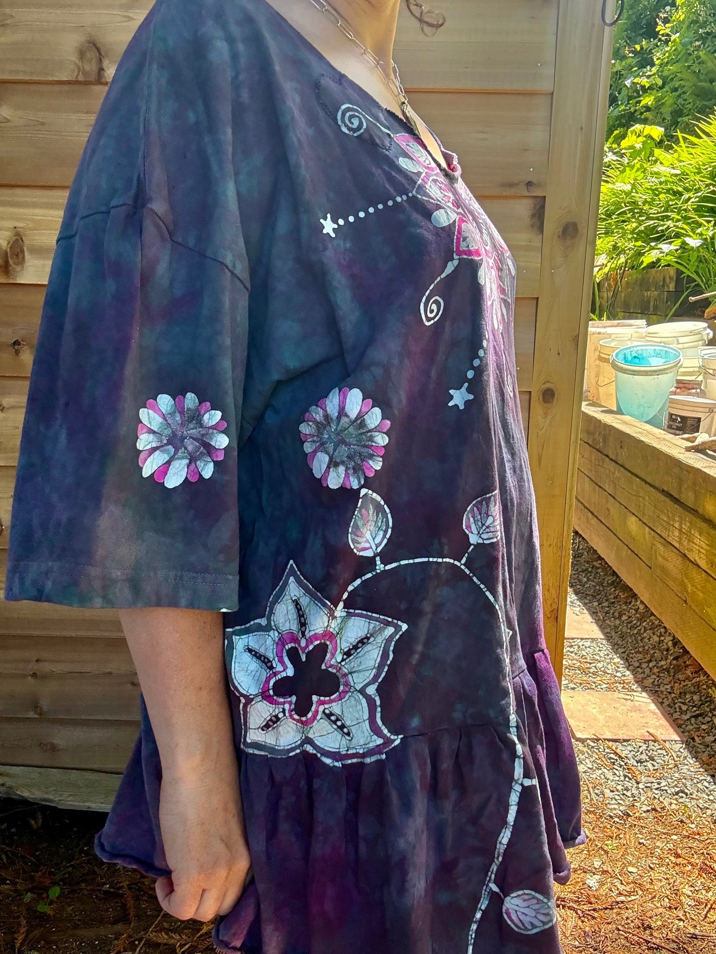 Mystic Bloom Batik Top – Purple & Pink Floral Hand-Painted Peplum Blouse Batikwalla by Victoria 2XL