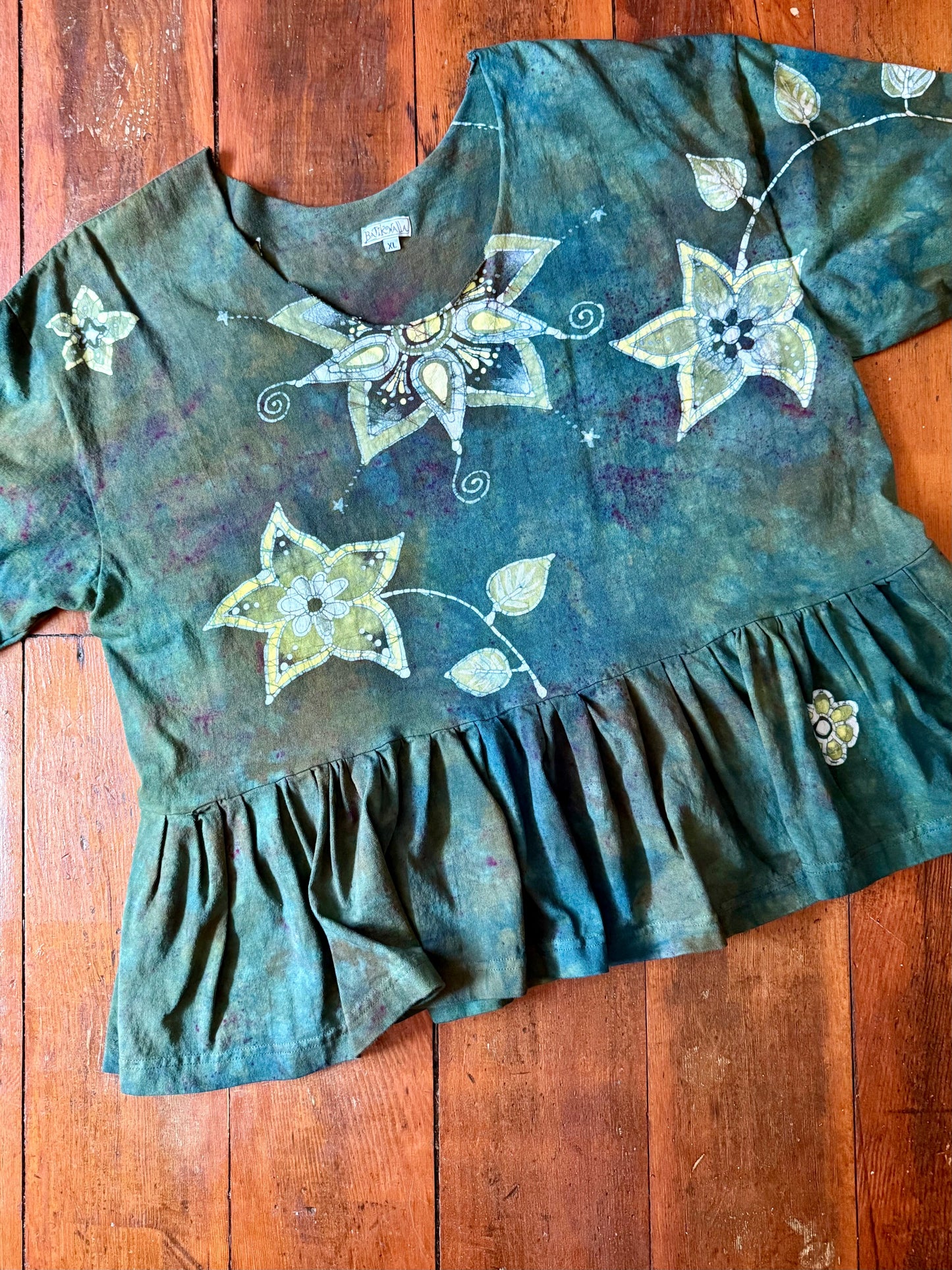 Forest Garden Batik Top – Handmade Green Peplum with Golden Florals Batikwalla by Victoria