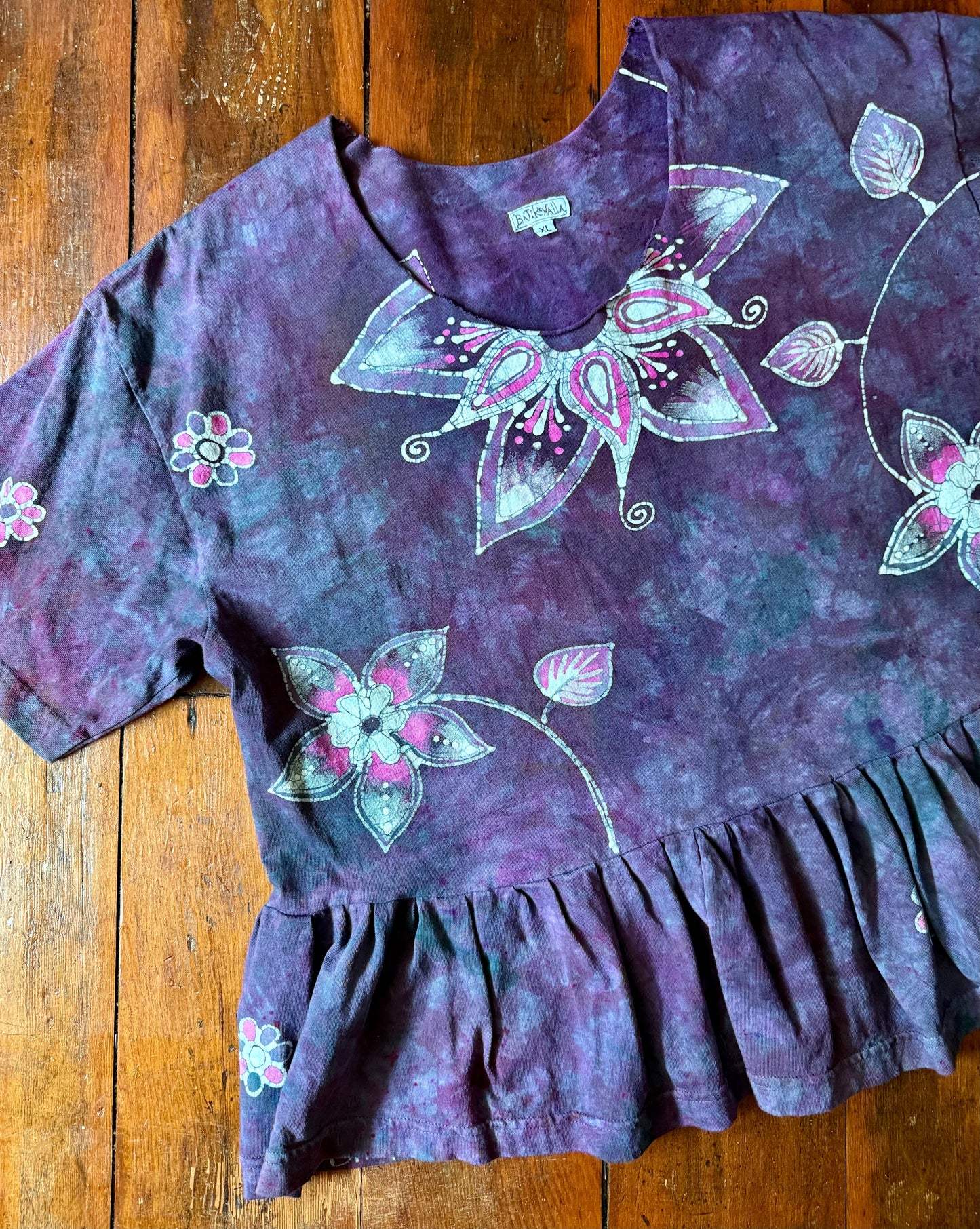 Mystic Bloom Batik Top – Purple & Pink Floral Hand-Painted Peplum Blouse Batikwalla by Victoria