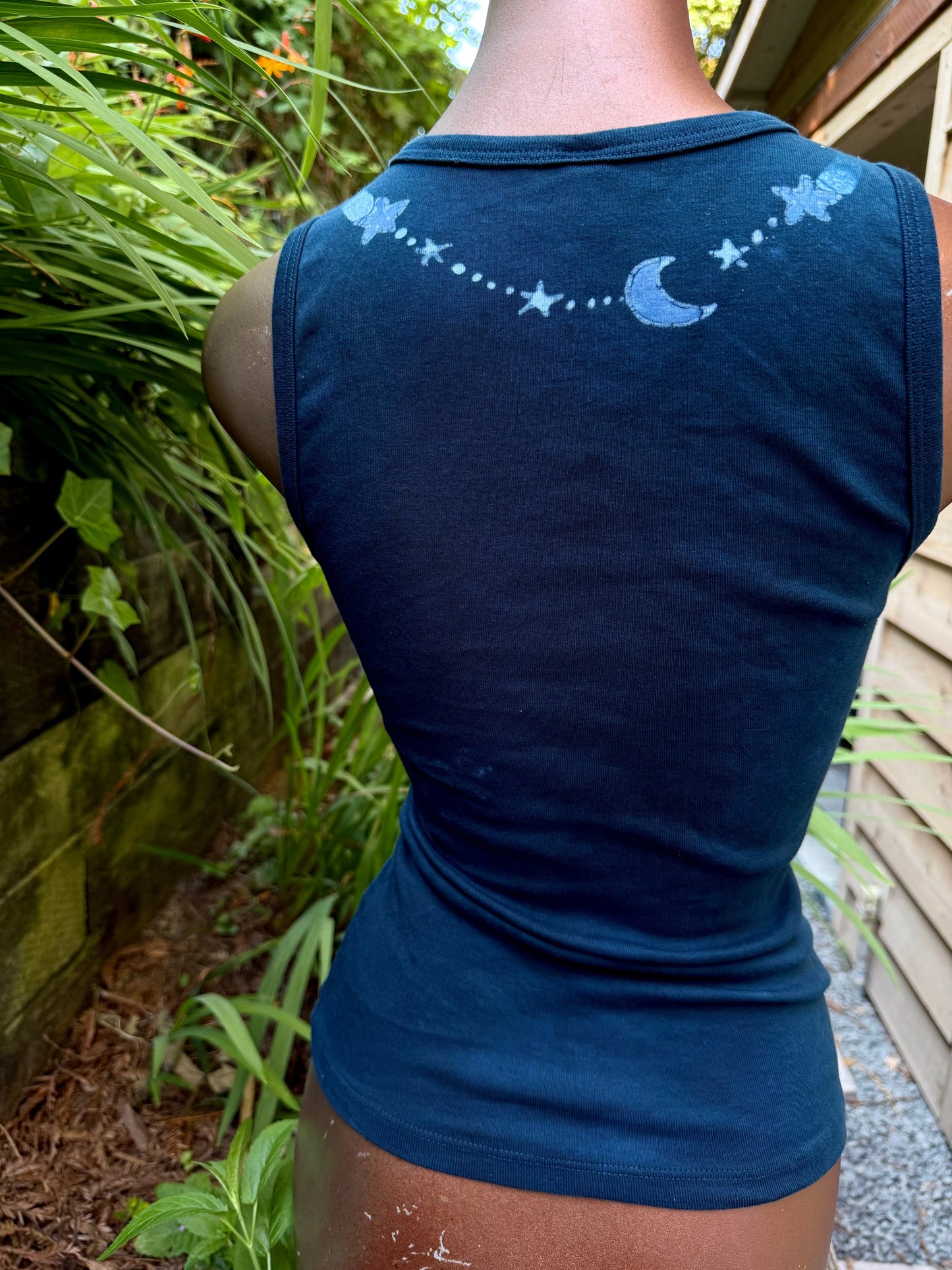 Forest Moon Batik Tank – Handmade Indigo Tree Line with Stars Batikwalla by Victoria
