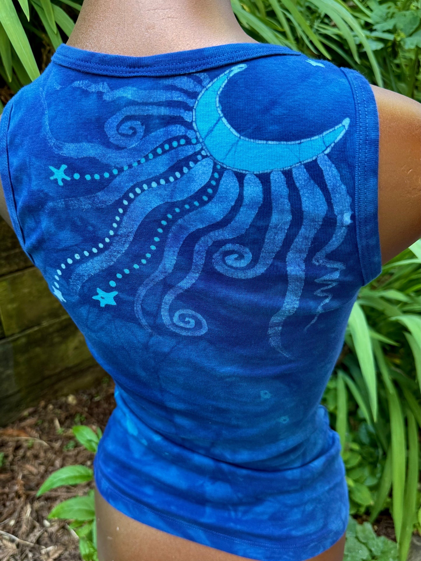 Tidal Moon Batik Tank – Celestial Swirls in Indigo Blue Batikwalla by Victoria
