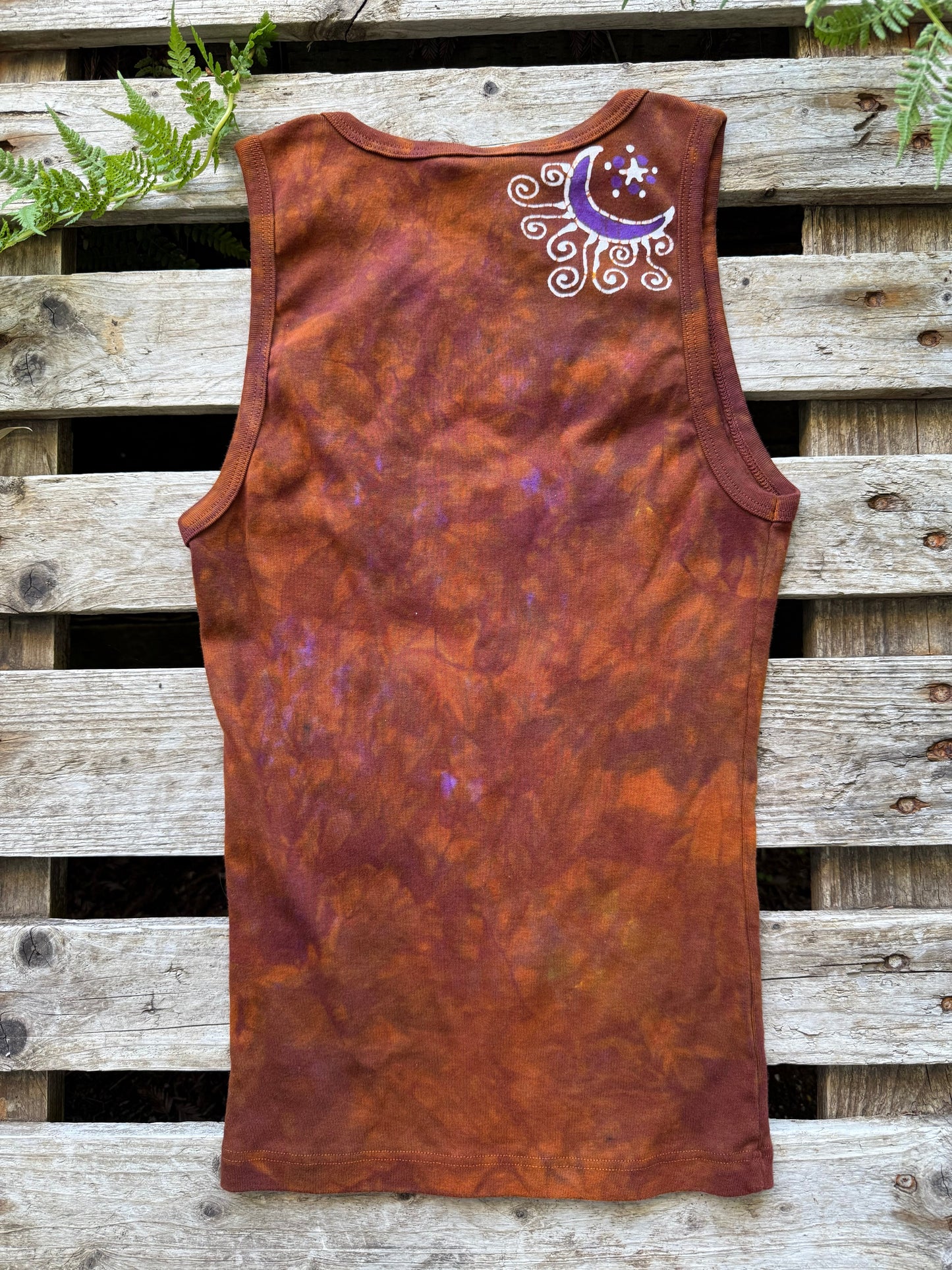Heart of the Sun Batik Tank – Purple & Amber Art Top with Moon on Back Batikwalla by Victoria