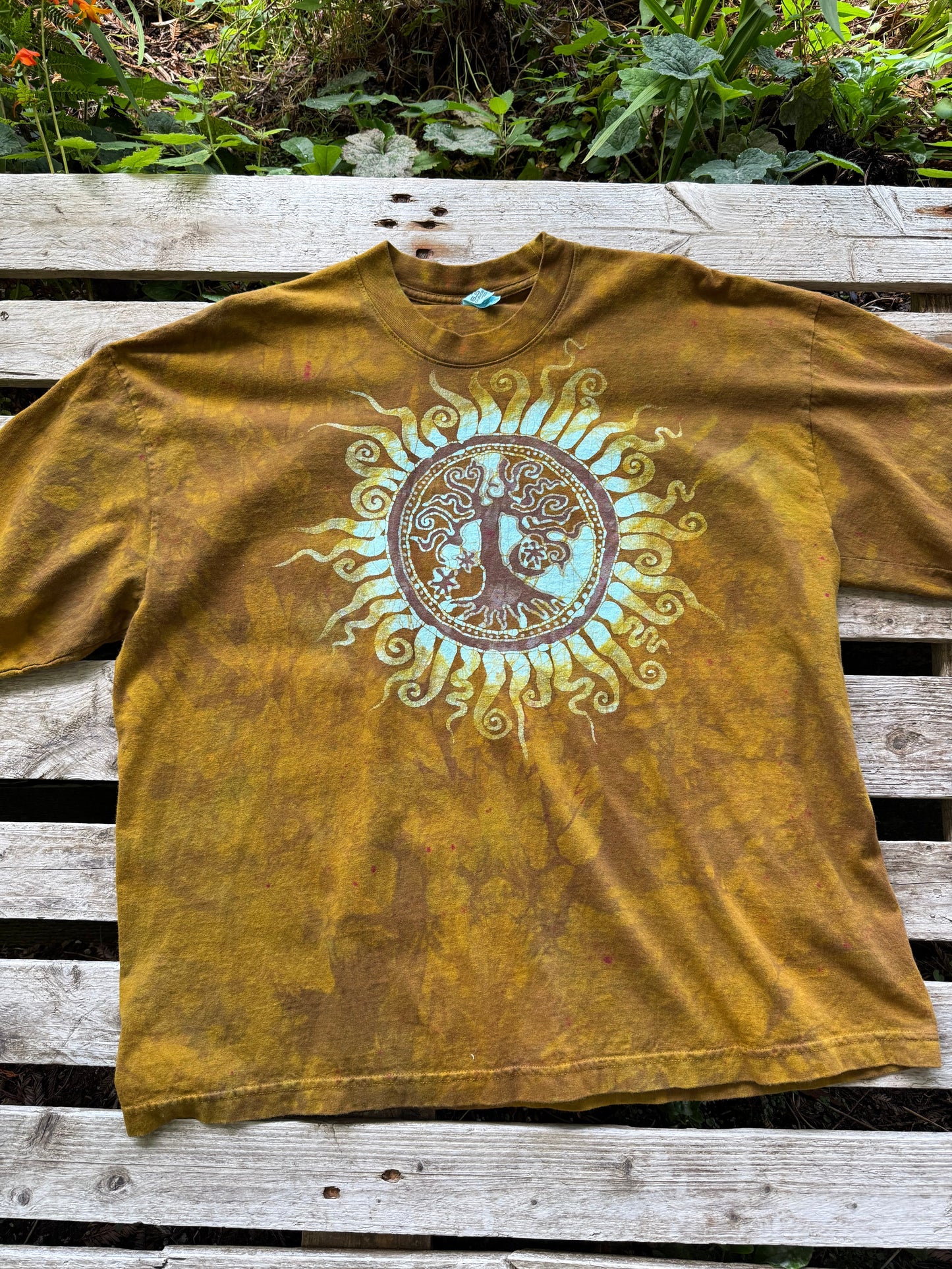 Golden Solstice Tree of Life – Handmade Batik T-Shirt in Ochre Glow Batikwalla by Victoria