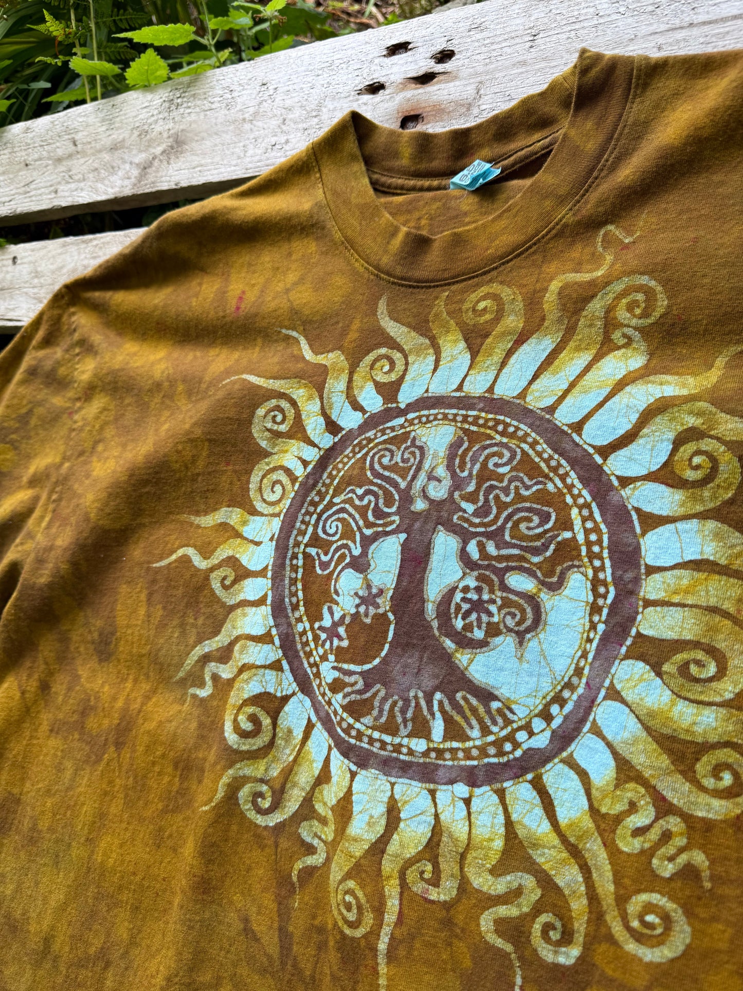 Golden Solstice Tree of Life – Handmade Batik T-Shirt in Ochre Glow Batikwalla by Victoria