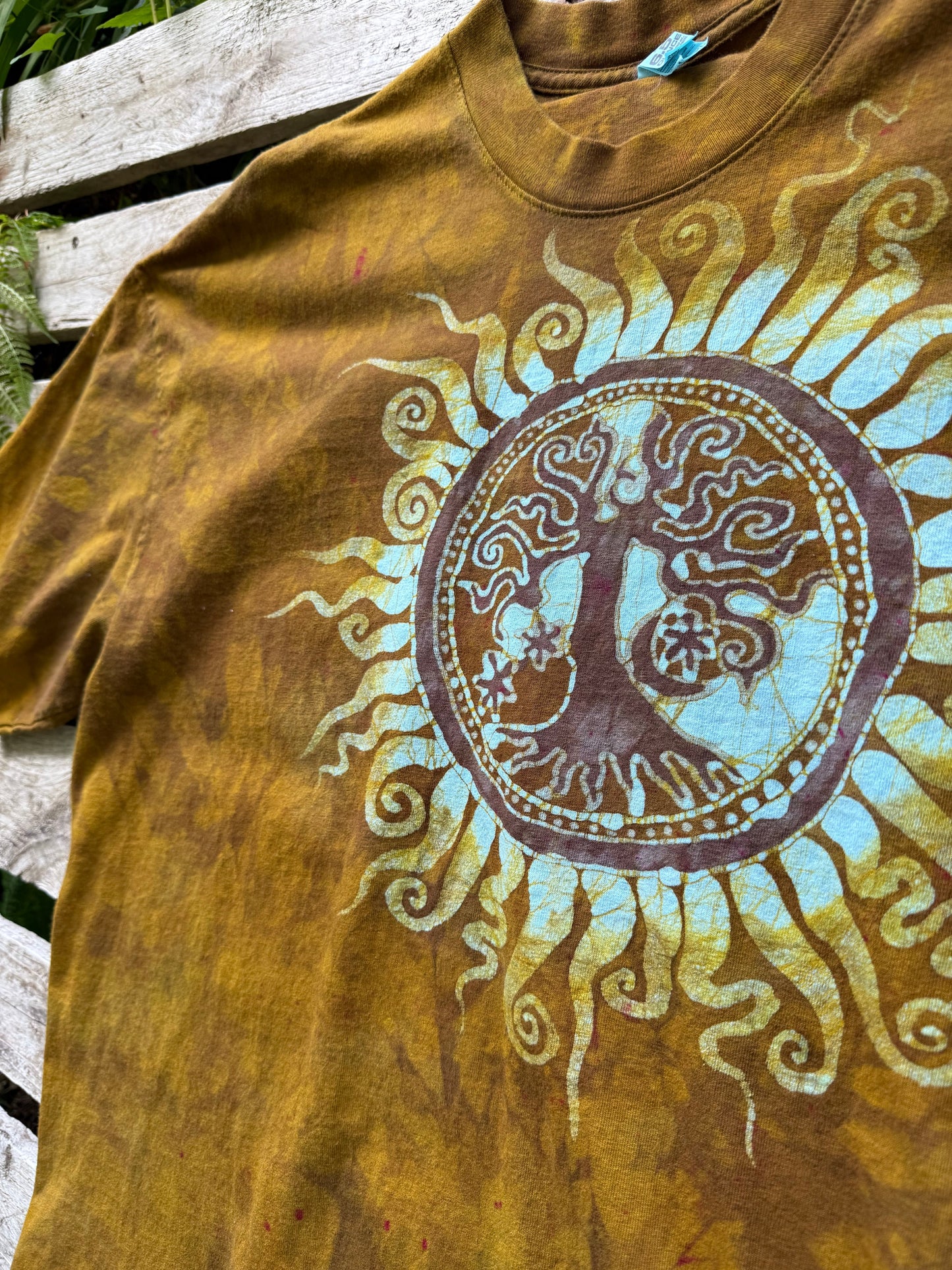 Golden Solstice Tree of Life – Handmade Batik T-Shirt in Ochre Glow Batikwalla by Victoria