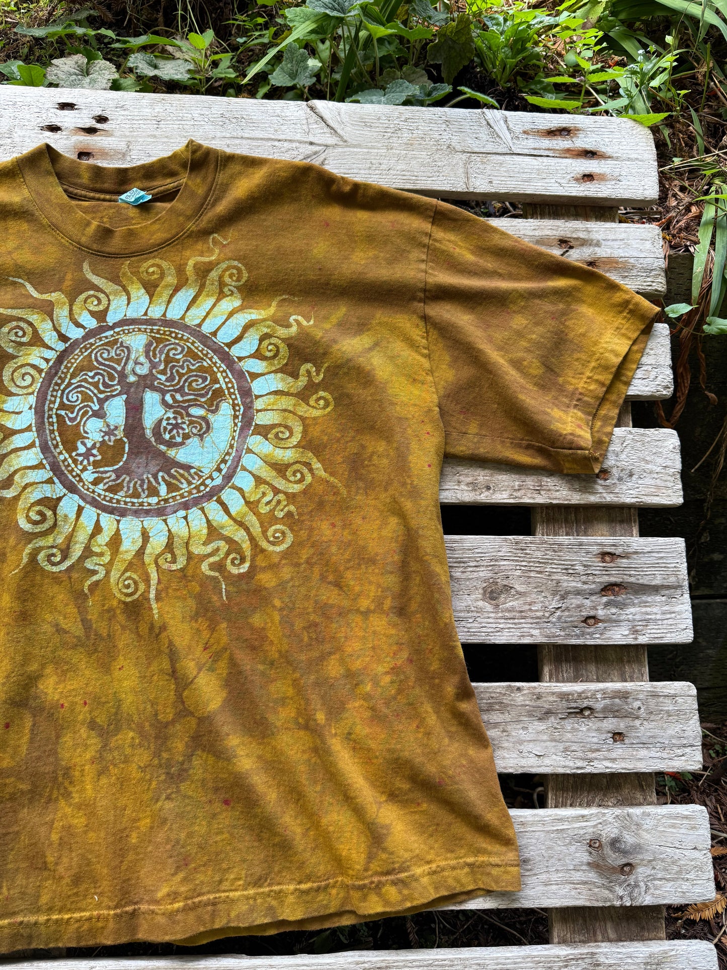 Golden Solstice Tree of Life – Handmade Batik T-Shirt in Ochre Glow Batikwalla by Victoria XL