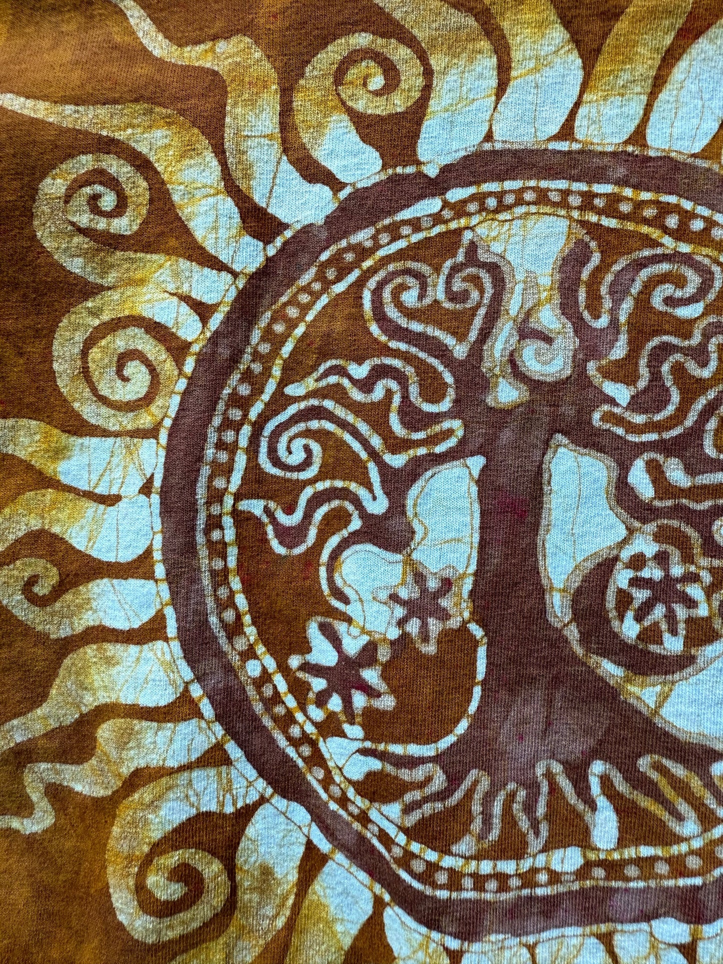 Golden Solstice Tree of Life – Handmade Batik T-Shirt in Ochre Glow Batikwalla by Victoria M
